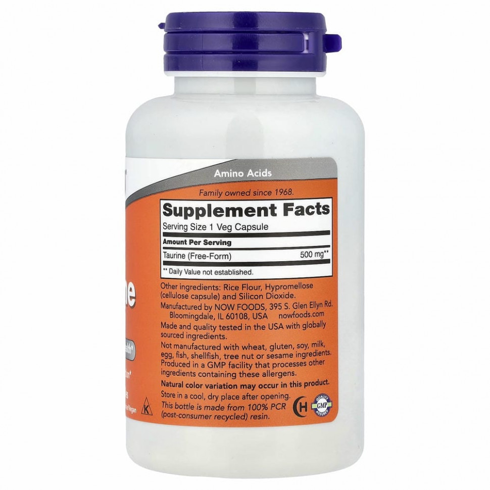 NOW Foods, таурин, 500 мг, 100 растительных капсул
