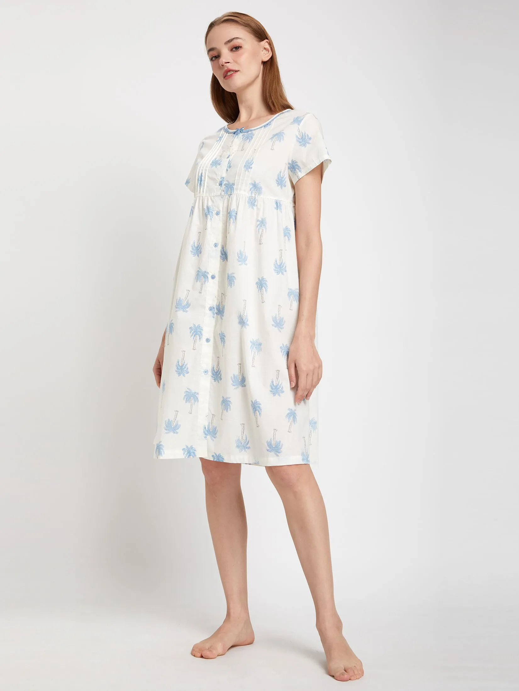 CLAUDIA'S ROMANCE Women Pyjamas DressShort Sleeves Crew Neck Print Off White