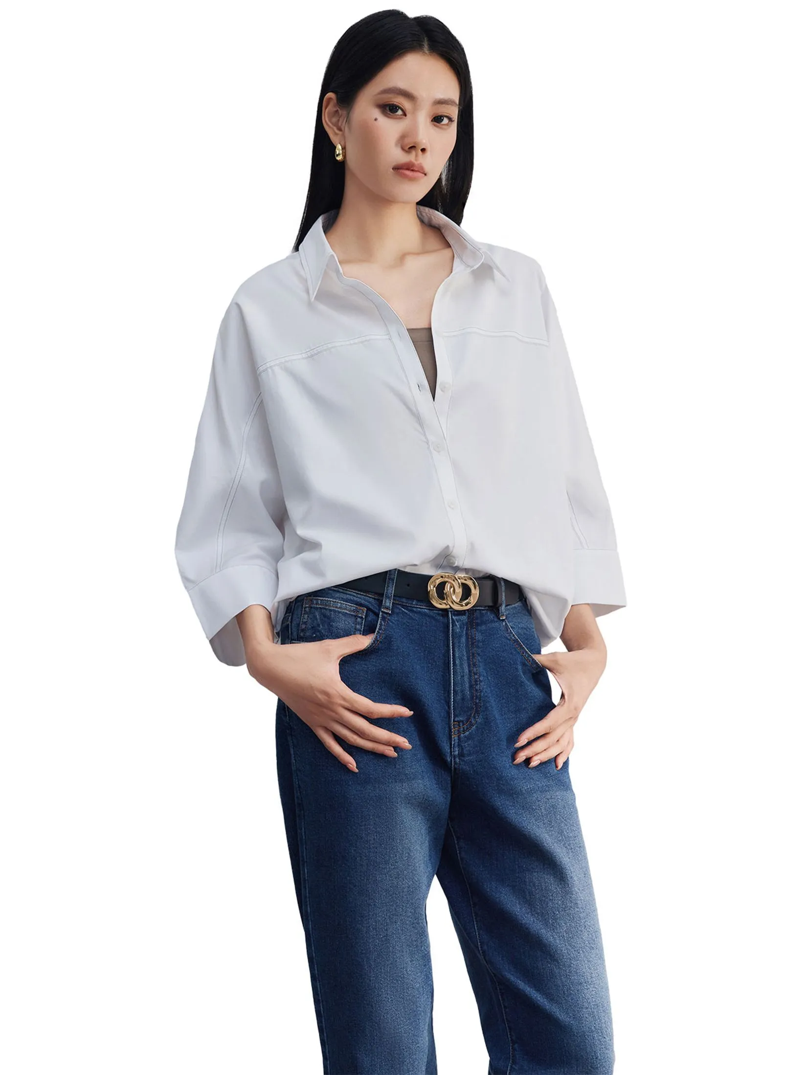 G2000 Women Clothing Easy Care Cotton Satin Diamond Fit Short Sleeve Shirt  Diamond Shape - White