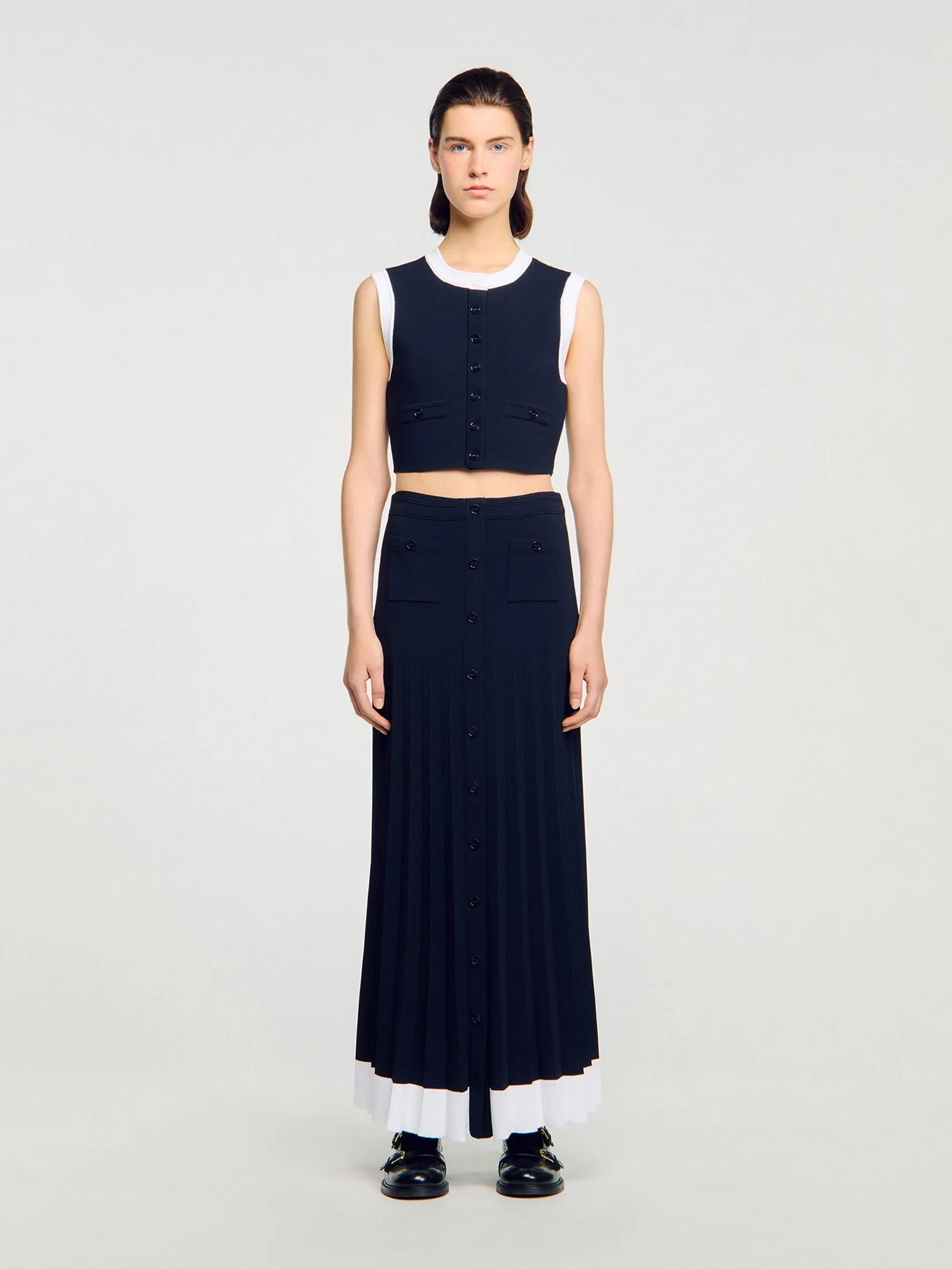 SANDRO Long Two-Tone Knit Skirt