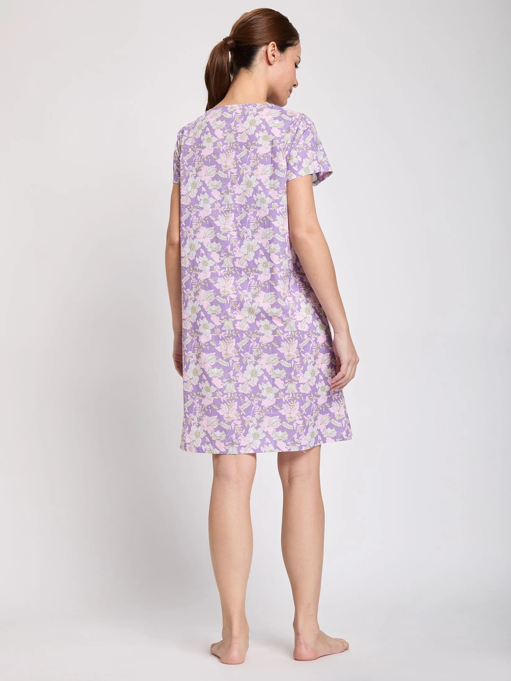 CLAUDIA'S ROMANCE Women Pyjamas Dress Short Sleeves V-Neck Print Violet