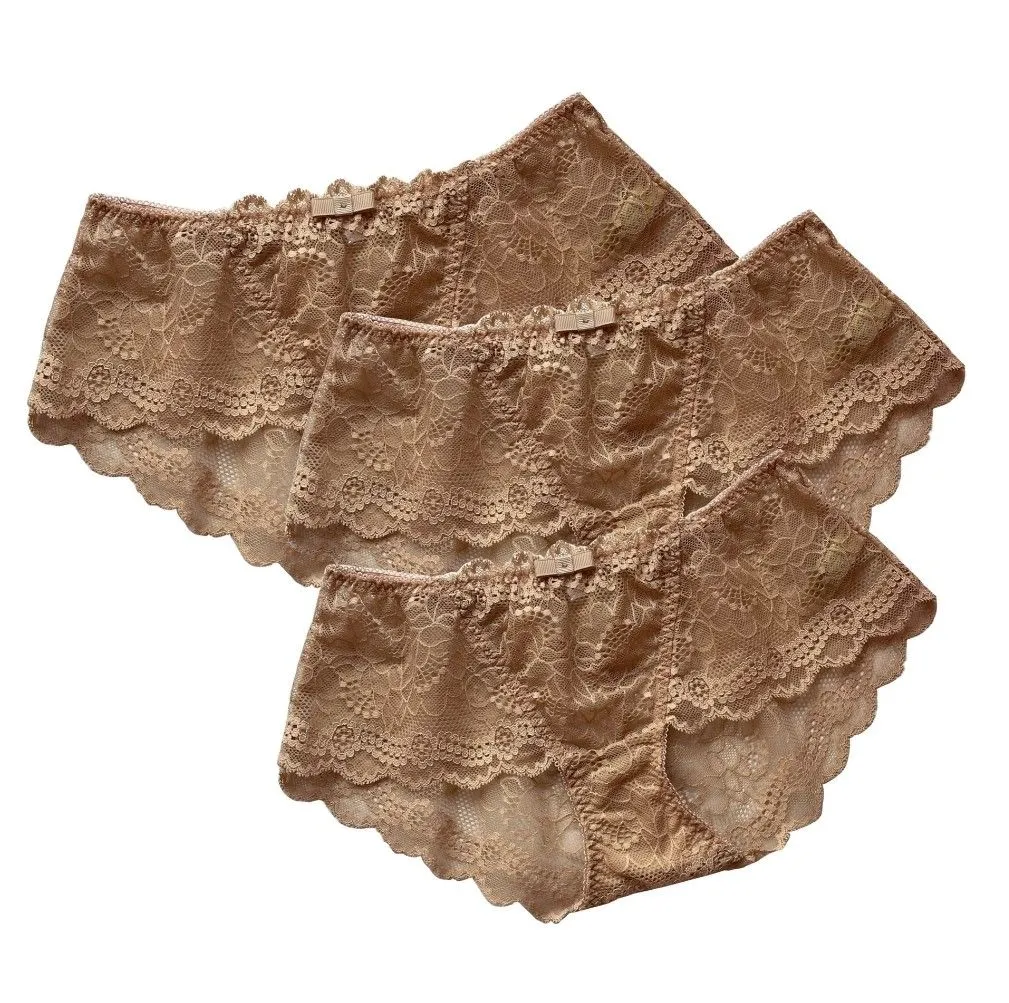 SKINN INTIMATE Beige Boyshorts Lace Hips Up Set Panty 3 pcs. (Made in Korea)