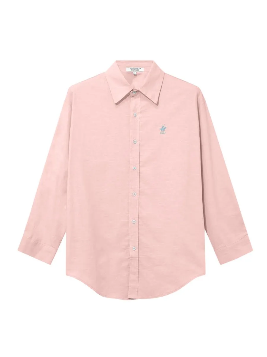 BEVERLY HILLS POLO CLUB Women Cotton Linen Relax Fit Shirt Long Sleeve, Pink Model LH1D002