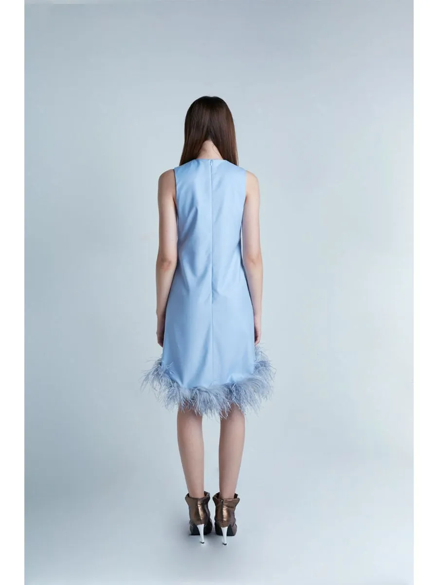 SENADA WOMEN PLUNGE NECK FUR TRIMMED LIGHT BLUE DRESS