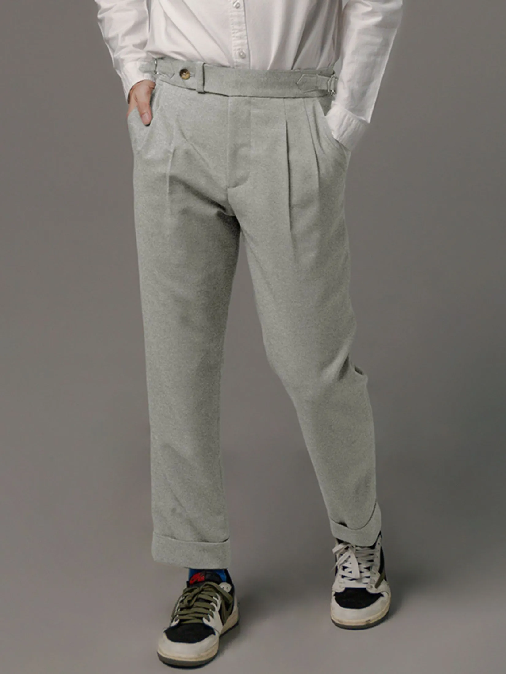 ERA-WON Men's Double belts trousers skinny crop fit Light grey