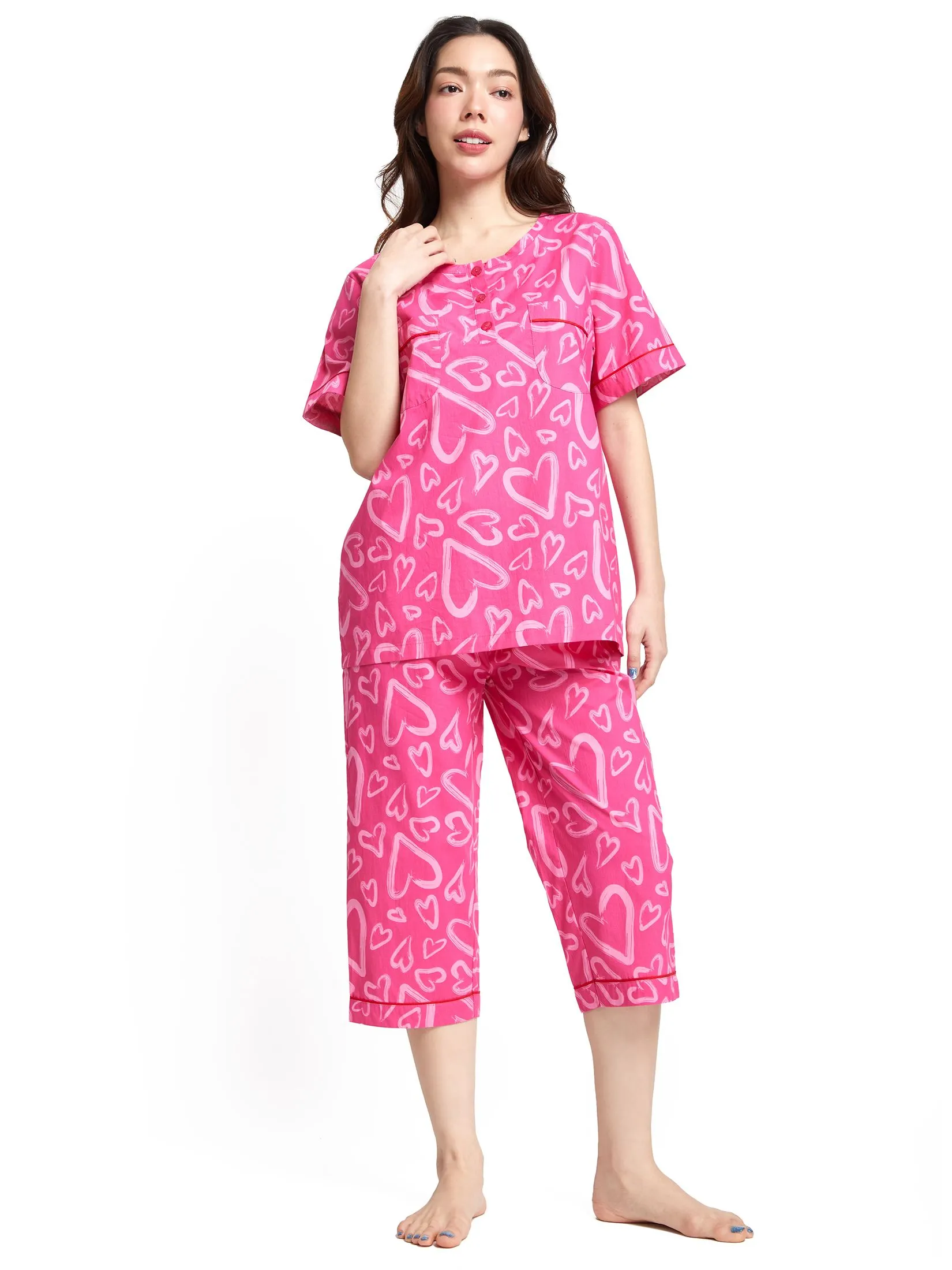FOF Women Pyjamas T-Shirt Crew Neck Short Sleeves + Cropped Pants Heart Print Pink
