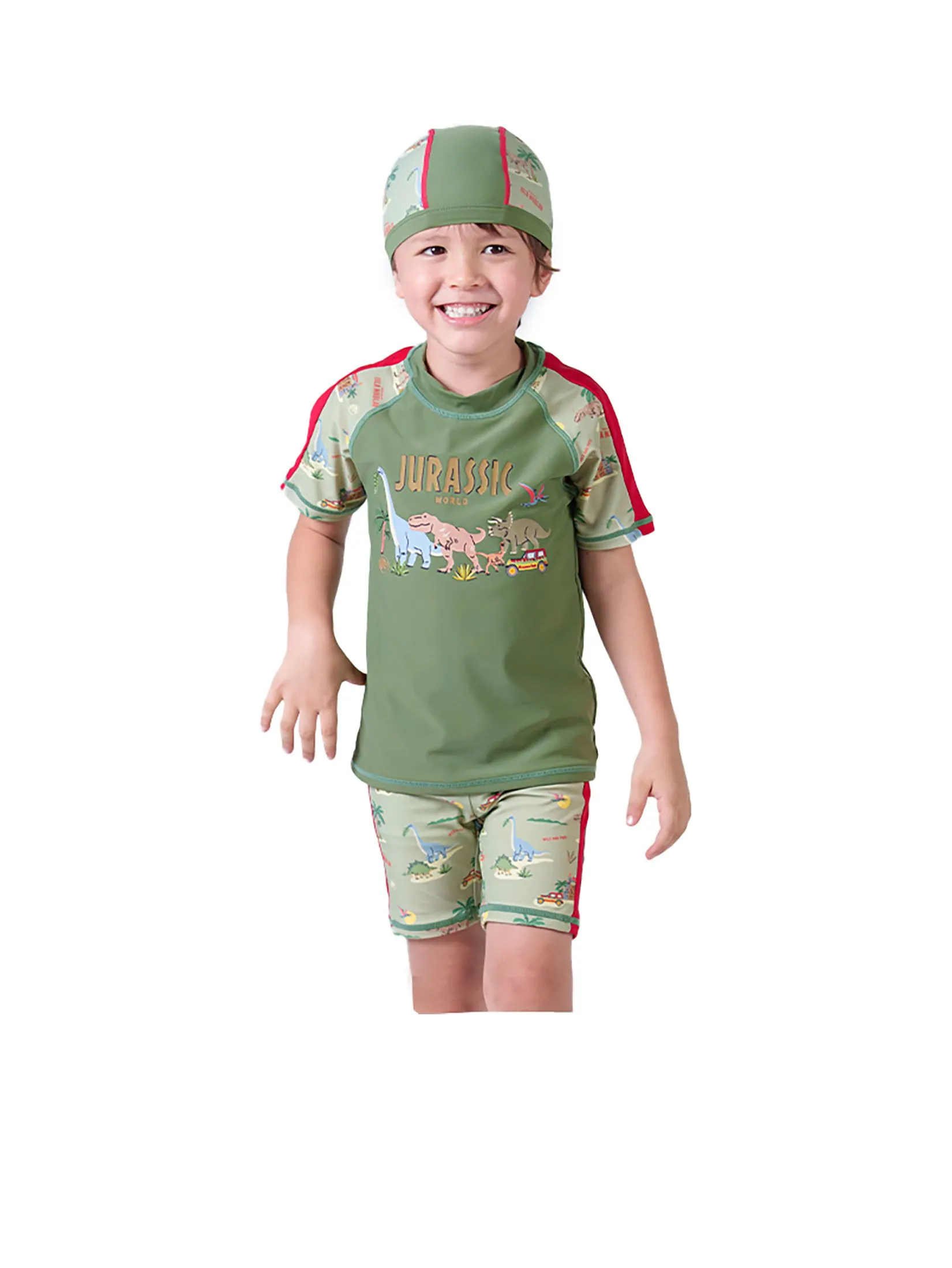 KEED Boy Swimming Set Rashguard Short Sleeves + Shorts Jurassic World Khaki Green