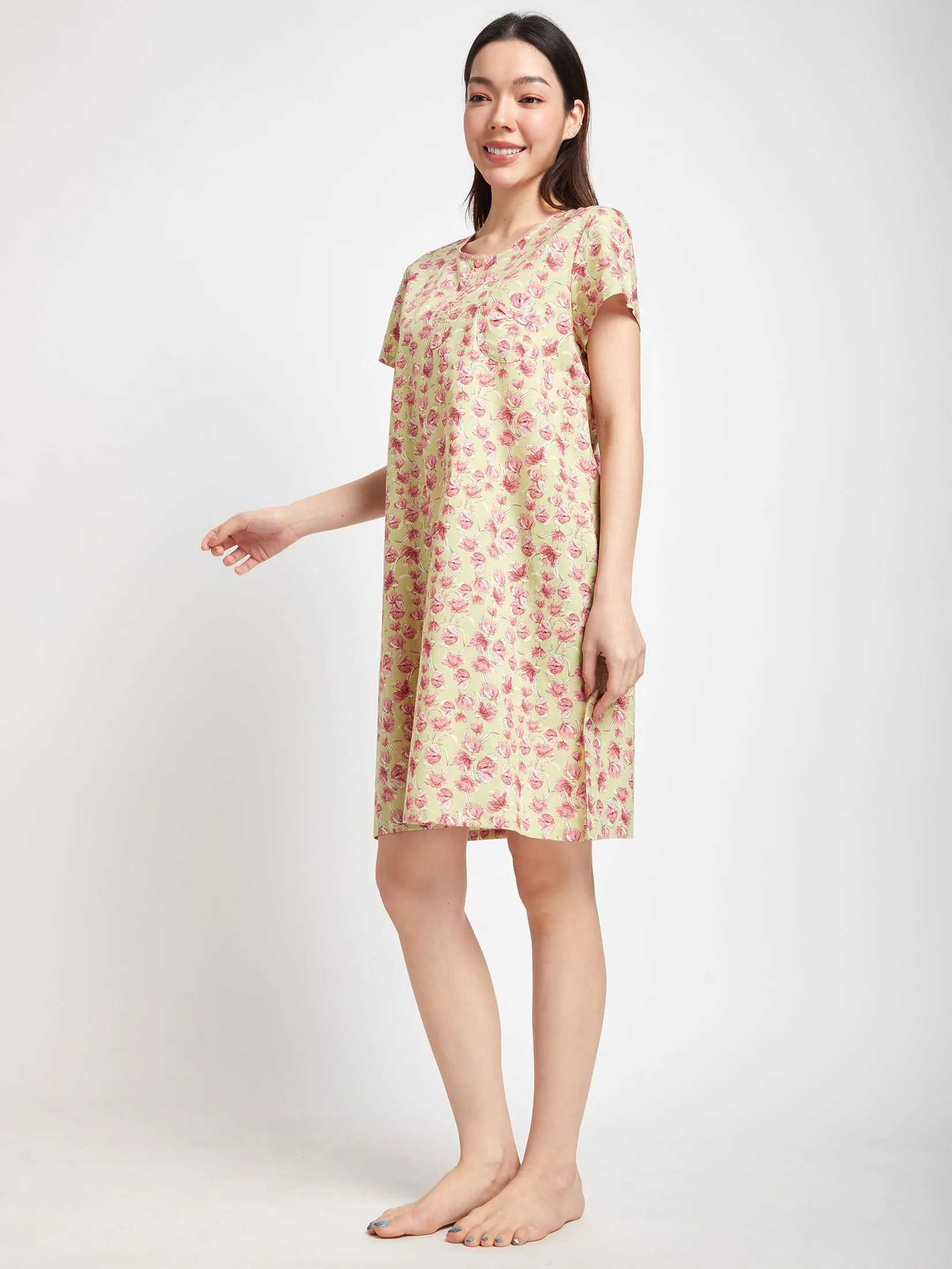 CLAUDIA'S ROMANCE Women Night Dress Short Sleeves Round Neck Floral Print Green