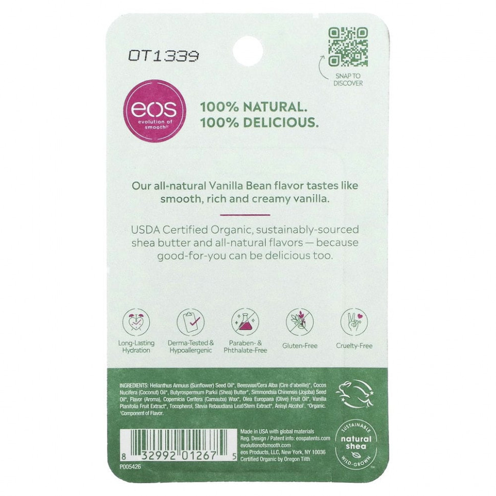 EOS, 100% органический натуральный бальзам для губ с ши, ванильные бобы, 2 шт. в упаковке, 4 г (0,14 унции)