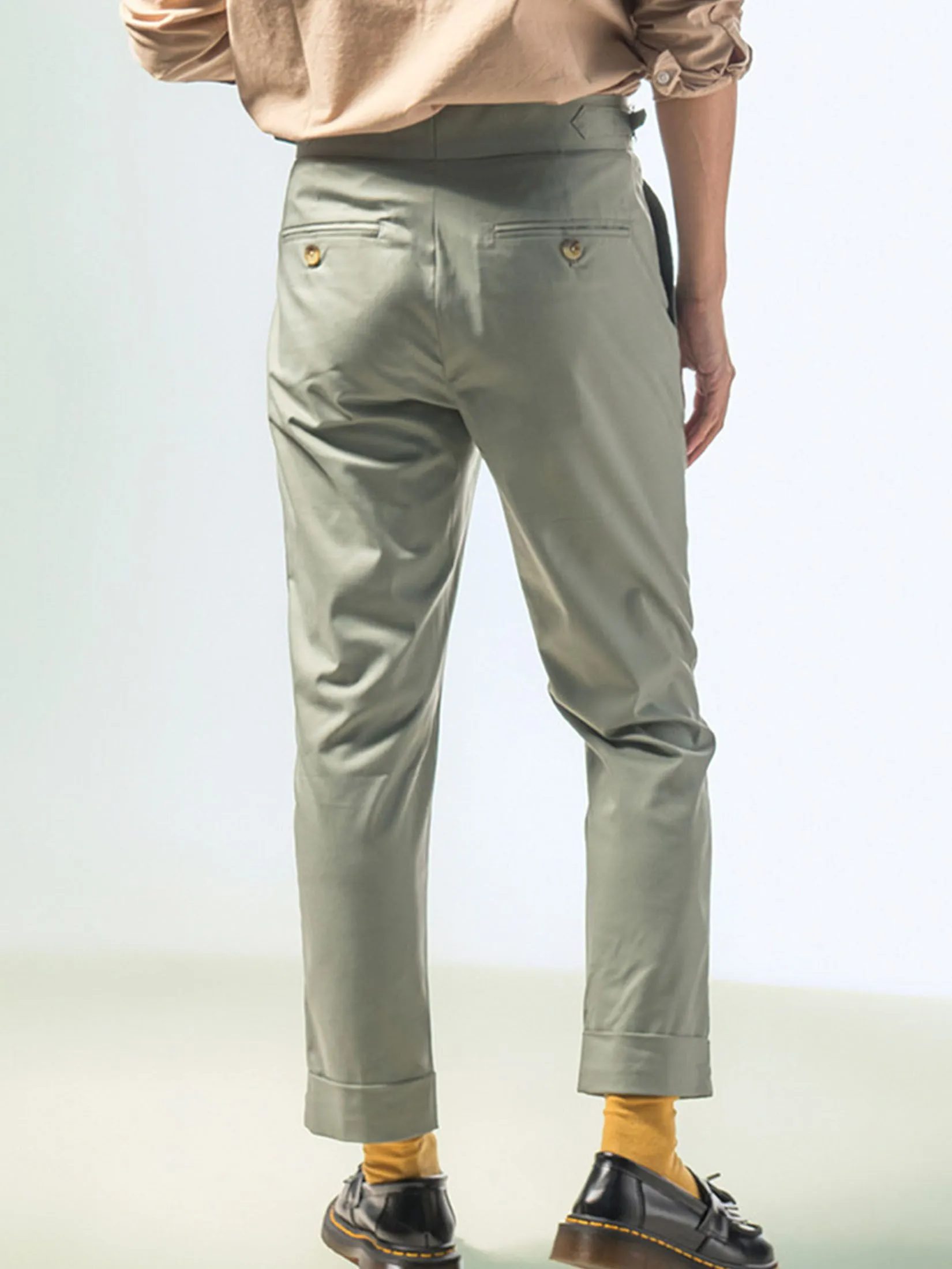 ERA-WON Men's Double belts trousers skinny crop fit Green