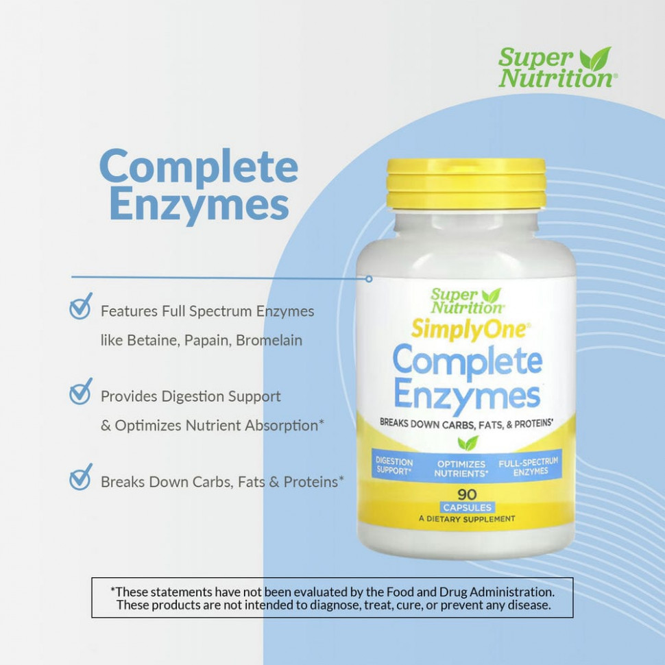 Super Nutrition, Simply One, полный комплекс ферментов, 90 капсул