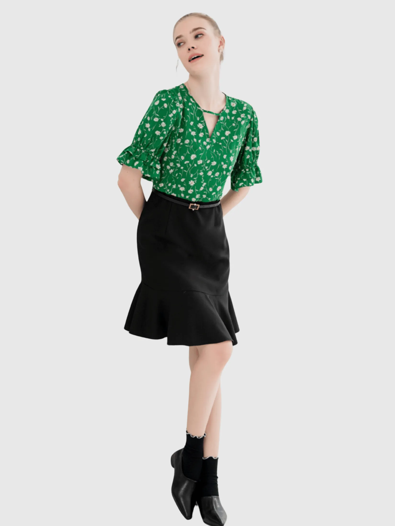 AMILA Women Dress Short Sleeves Peach Skin Green