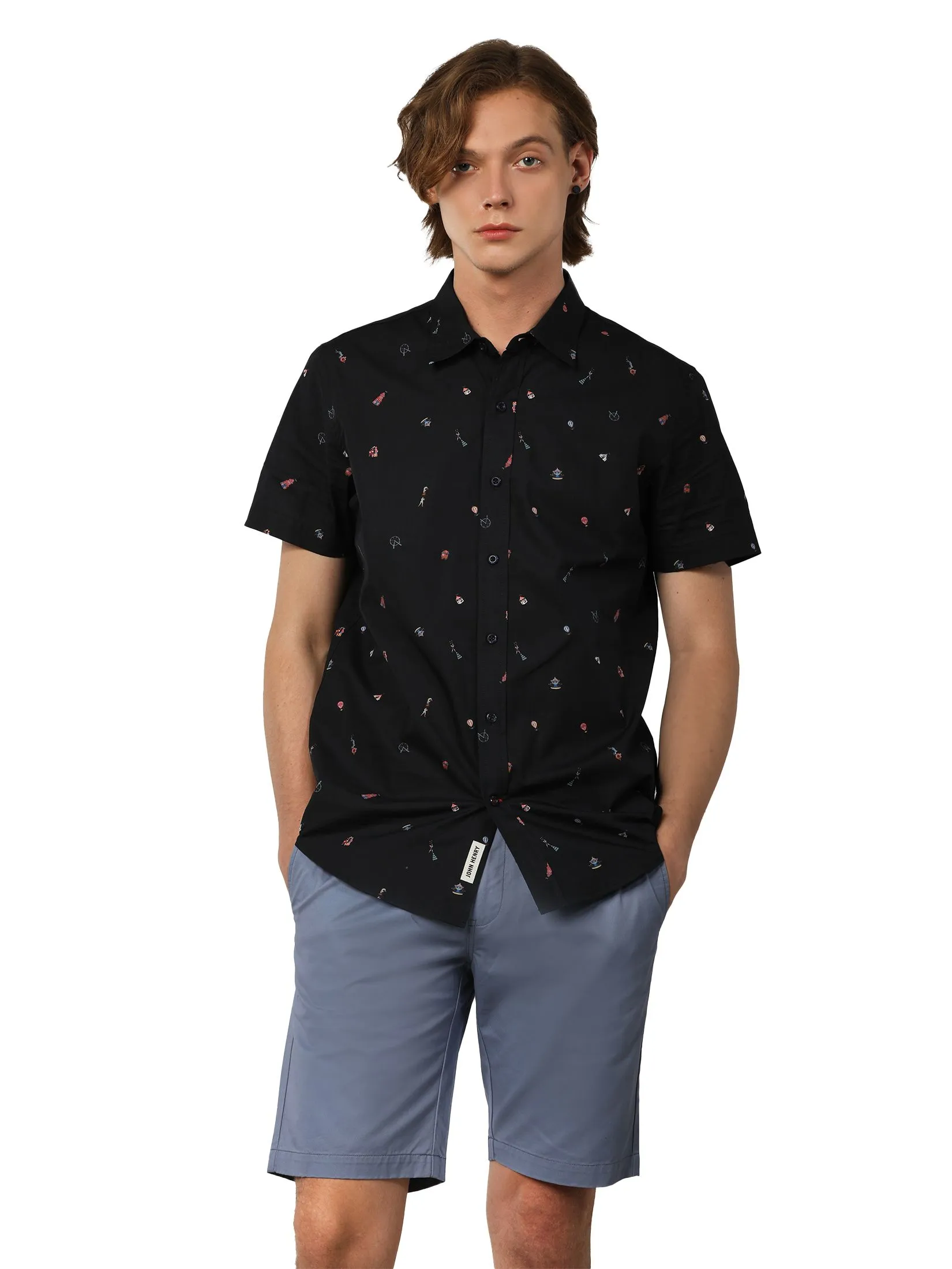 JOHN HENRY Men's Short Sleeves Shirts (Slim Fit) MERRIMENT Navy