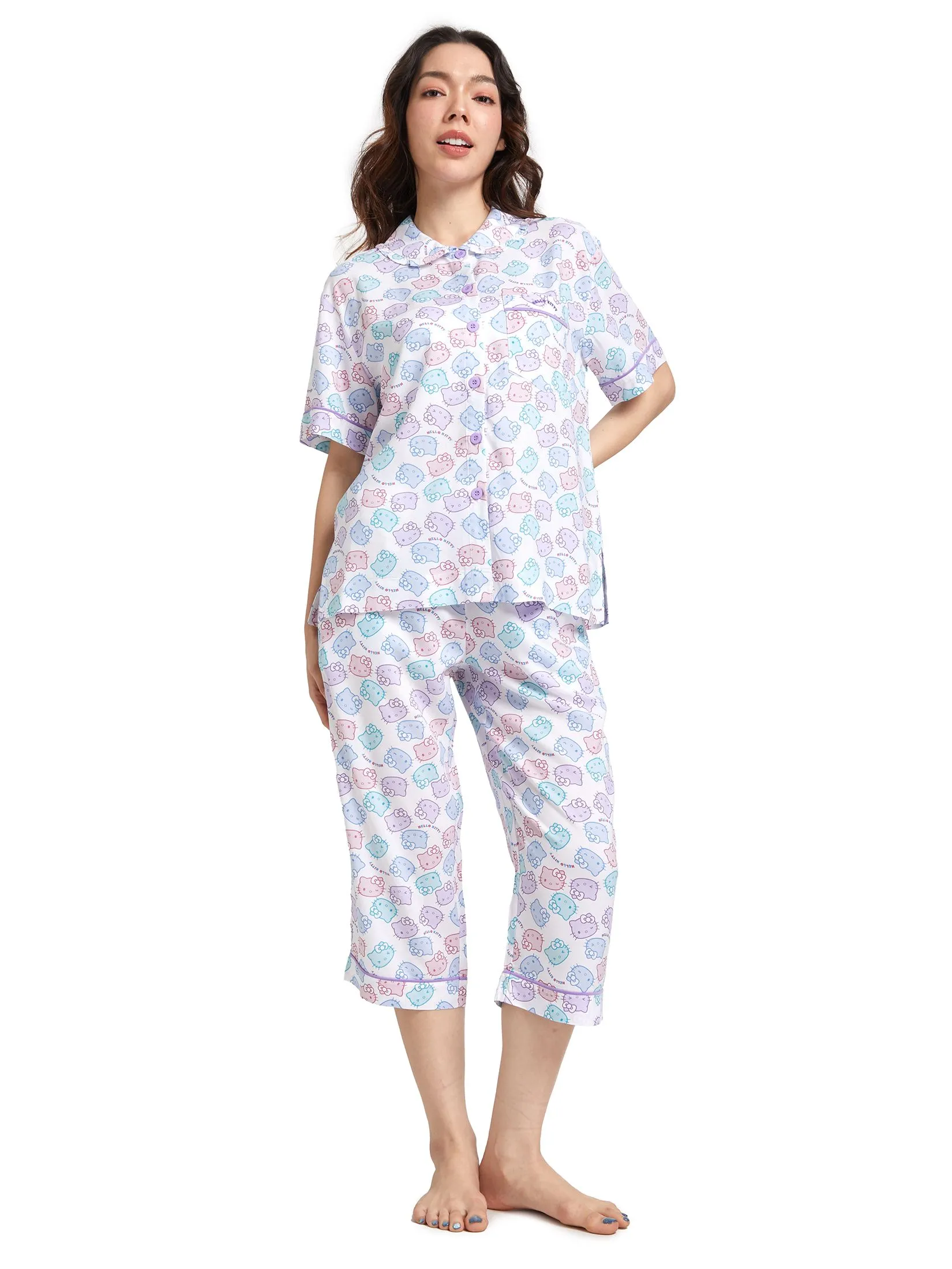 SANRIO Women Pyjamas Shirt Collar Neck Shorts Sleeves + Cropped Pants Rainbow Face Hello Kitty Off White