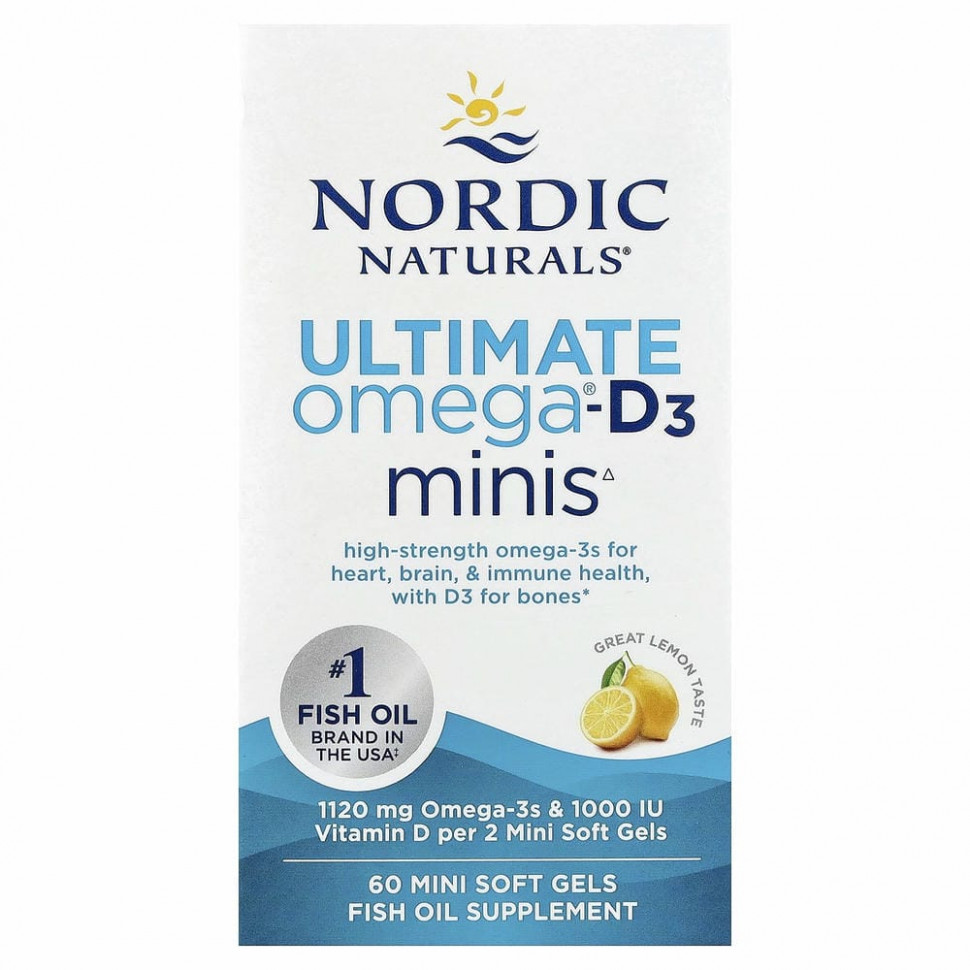 Nordic Naturals, Ultimate Omega 2X с витамином D3, лимон, 60 мягких мини-таблеток