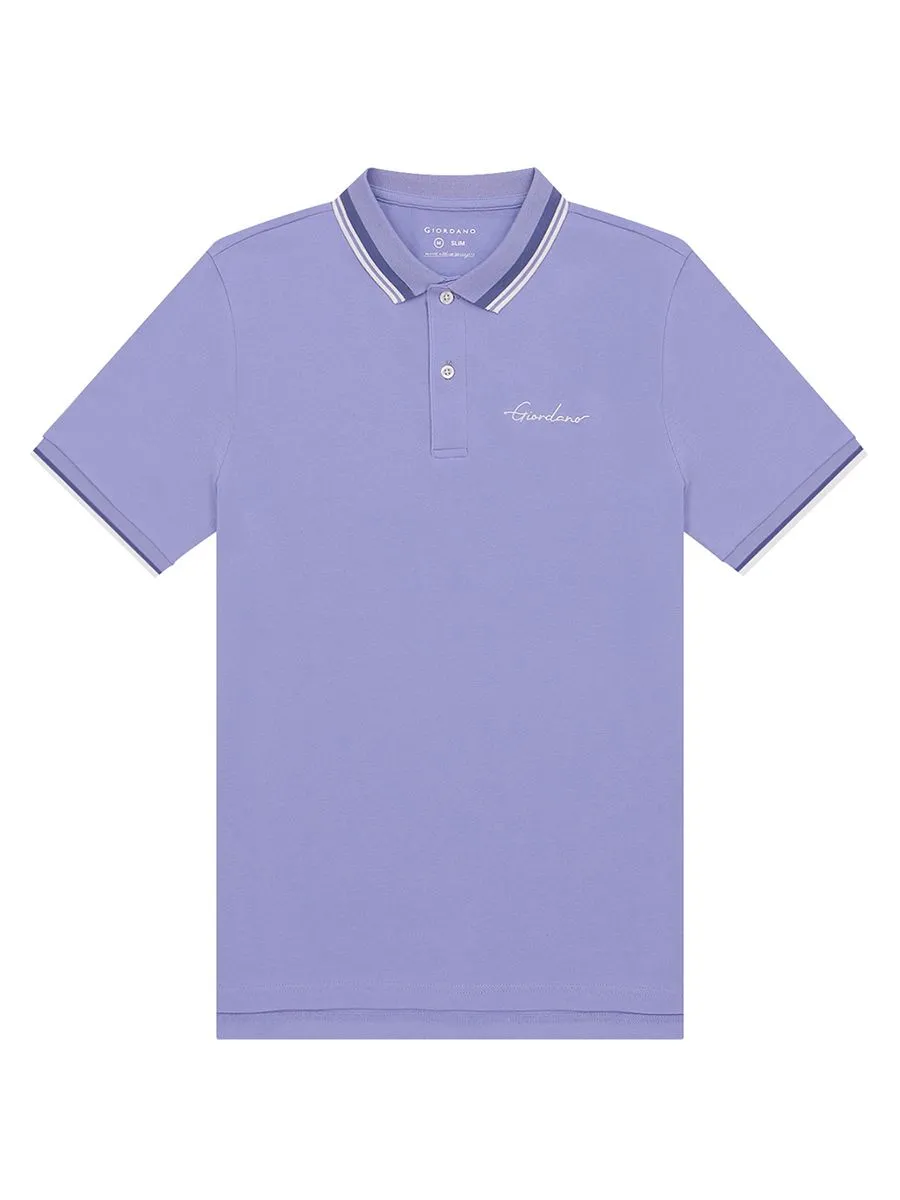 GIORDANO Men's Signature Pique Embroidery Solid Polo Thistle Down Purple