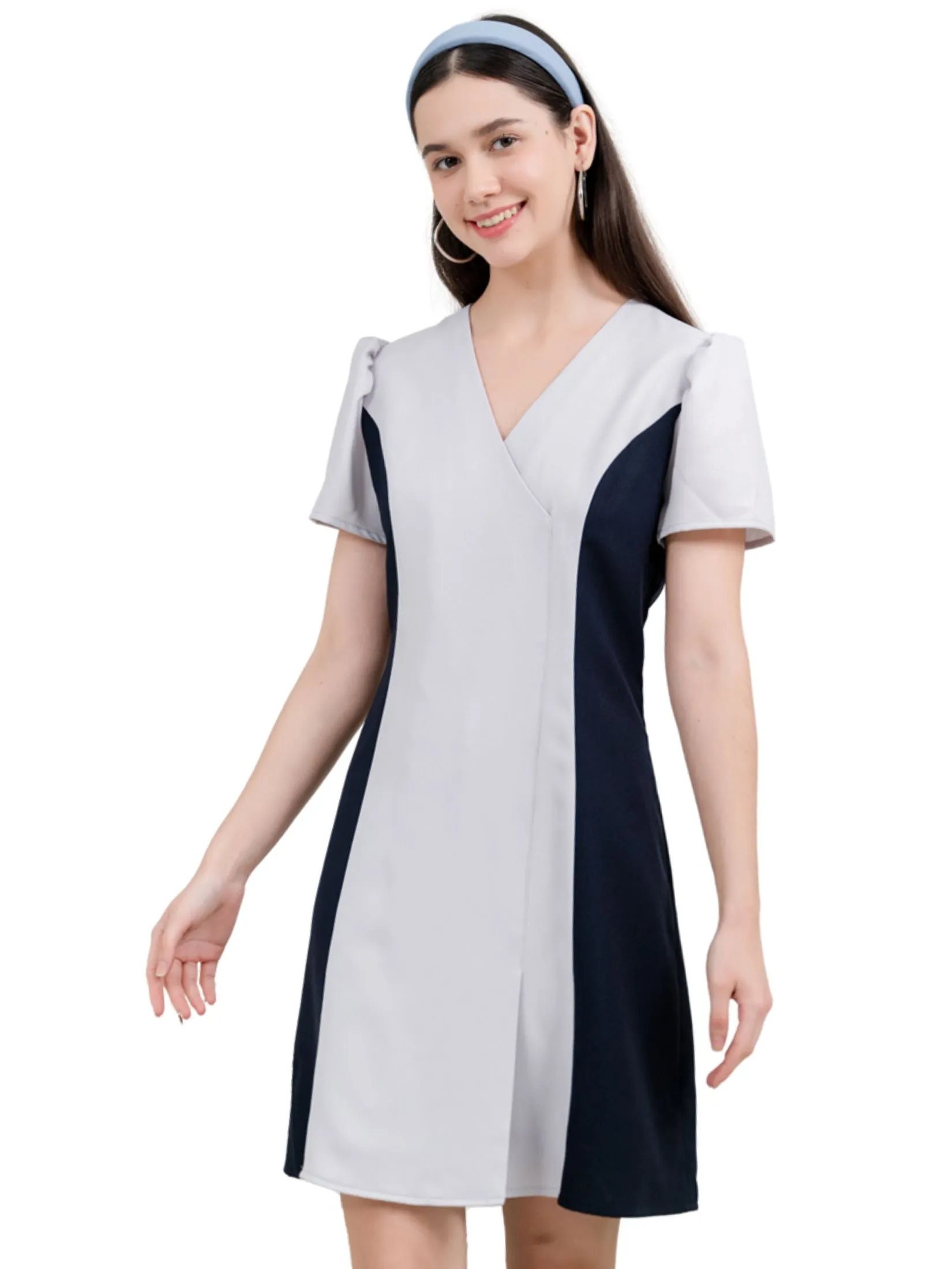 AMILA Women Dress Short Sleeves Moss Crepe Light Grey