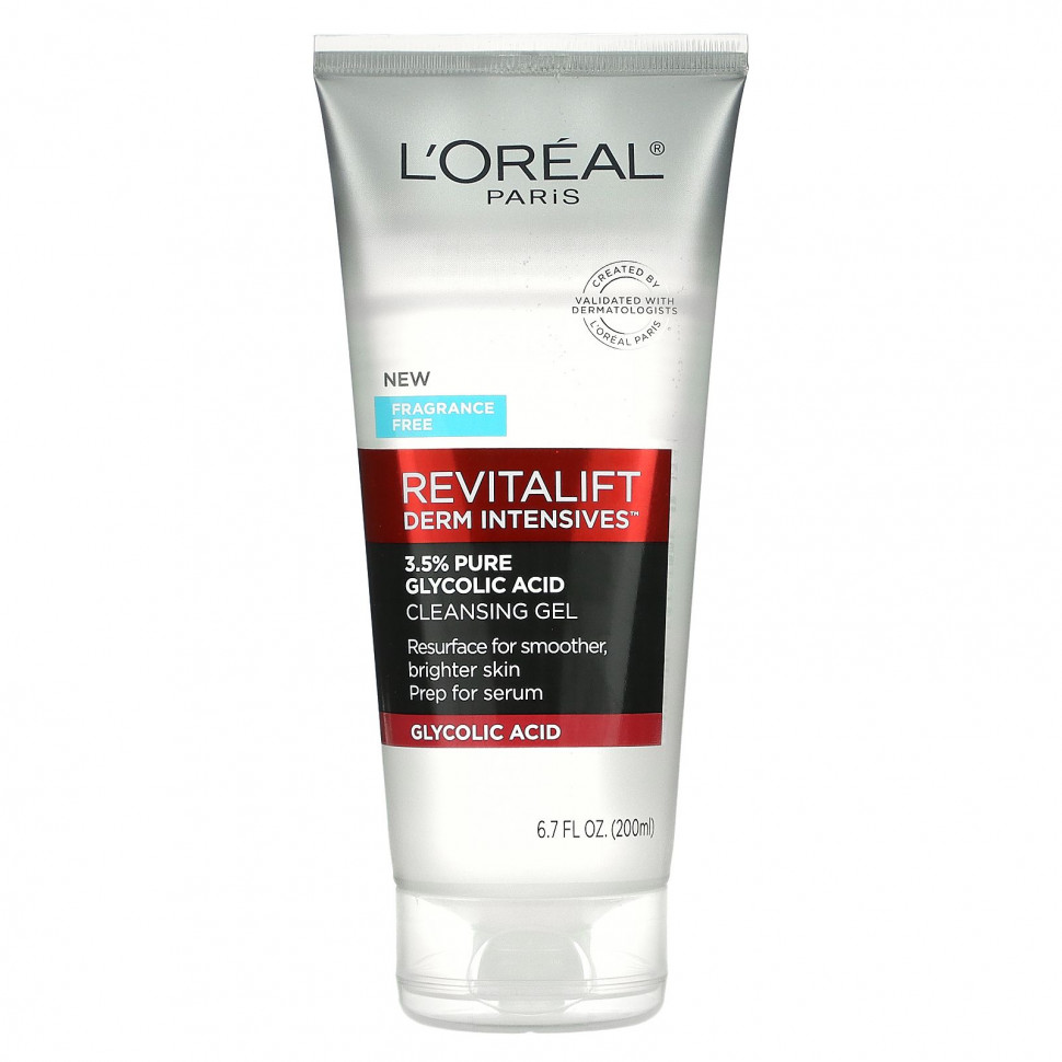 L'Oreal, Revitalift Derm Intensives, очищающий гель с 3,5% чистой гликолевой кислотой, без отдушек, 200 мл (6,7 жидк. Унции)