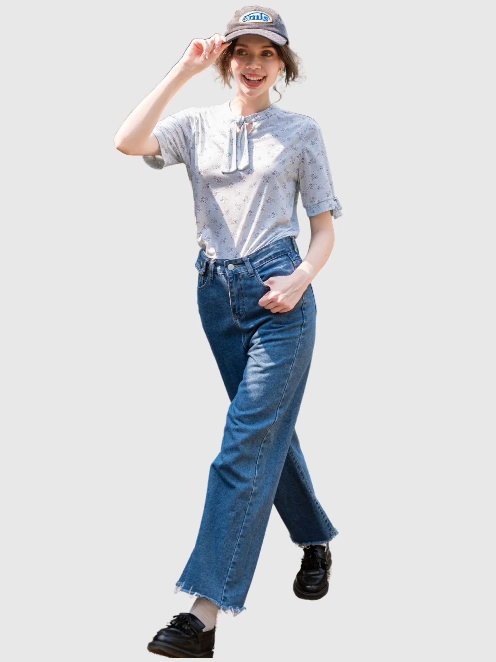 AMILA Women Blouse Short Sleeves Spun Print Blue