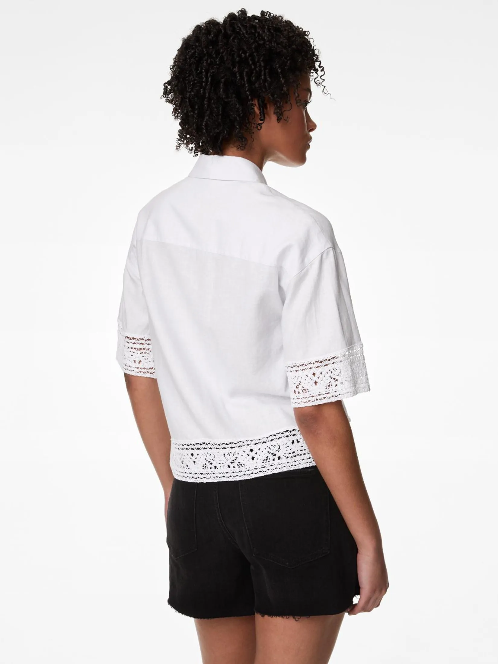 MARKS & SPENCER Women Shirt Linen Rich Crochet Collared White