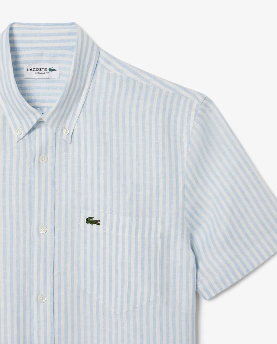 LACOSTE Regular Fit Short Sleeved Linen Shirt Blue