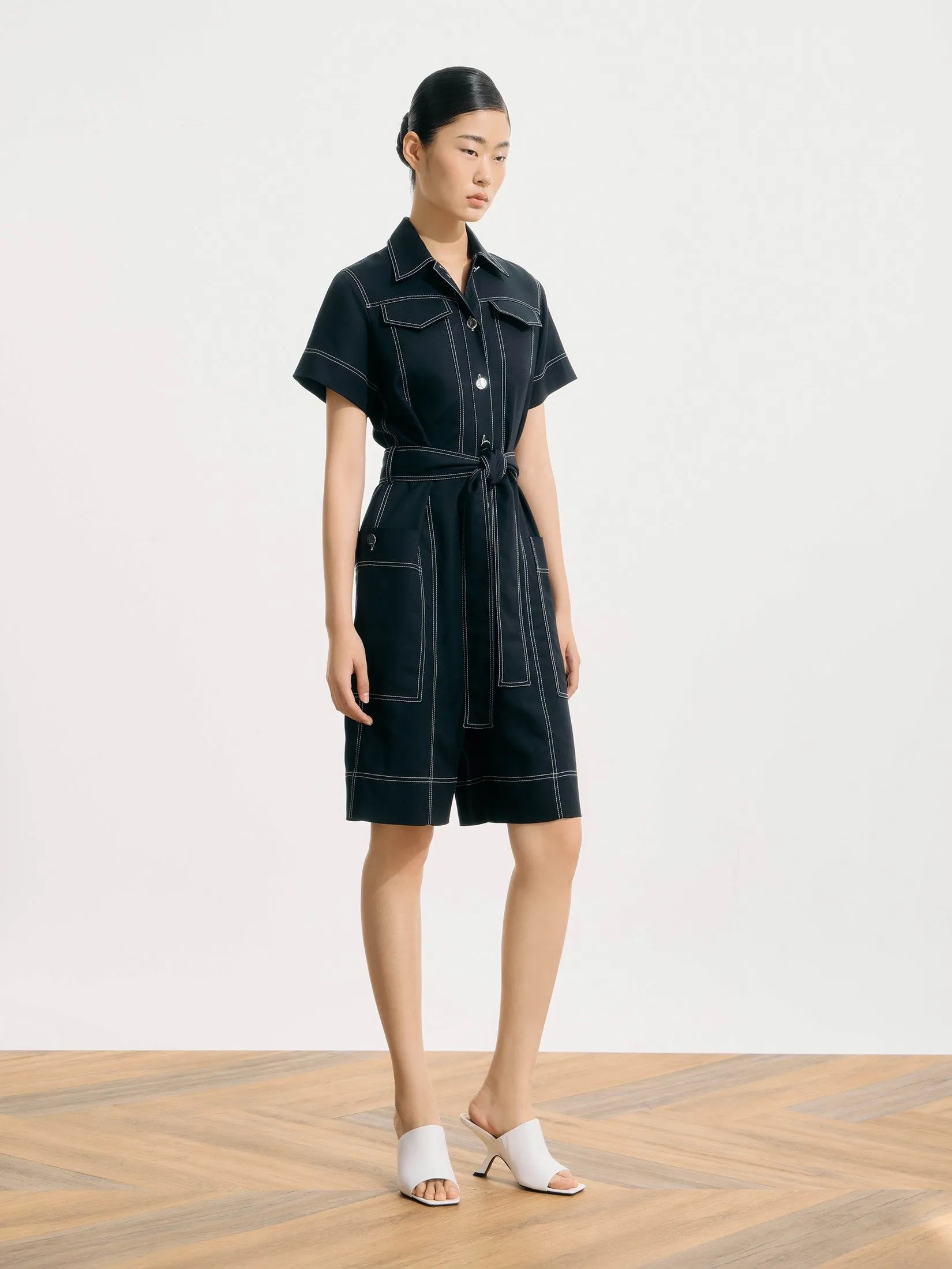 ASAVA ( SS25) Zena Women Short Sleeve Playsuit Navy Blue