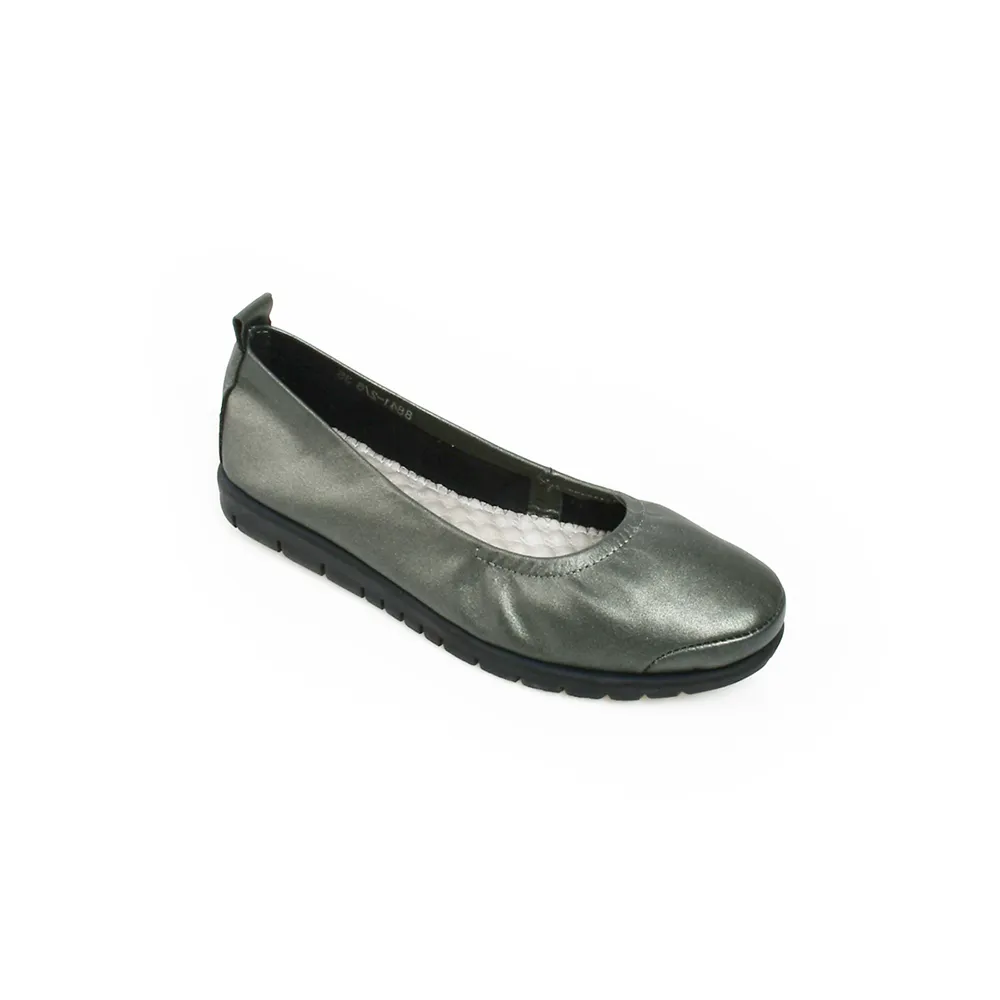 POLO CLUB Pewter Leather Court Shoes Rounded Toe Flats EX-1562