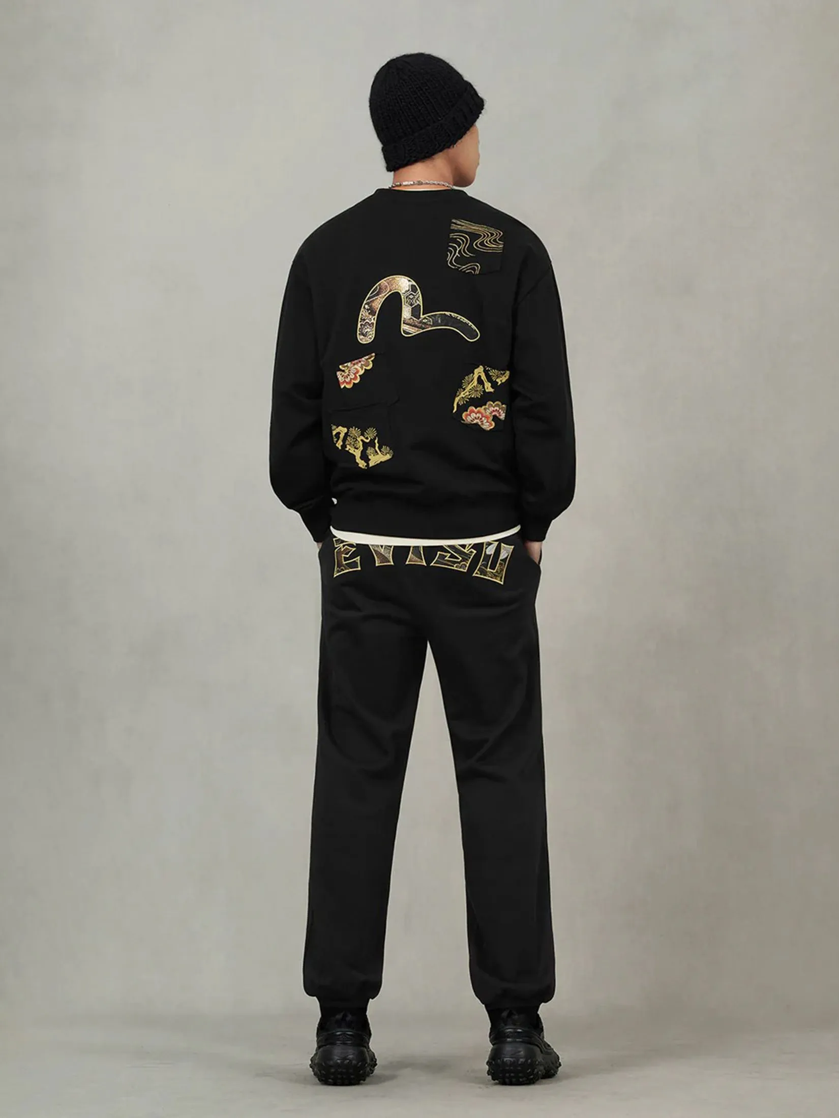 EVISU Men Sweatpants Seagull Embroidery EVISU Brocade Appliqué Straight Fit Black