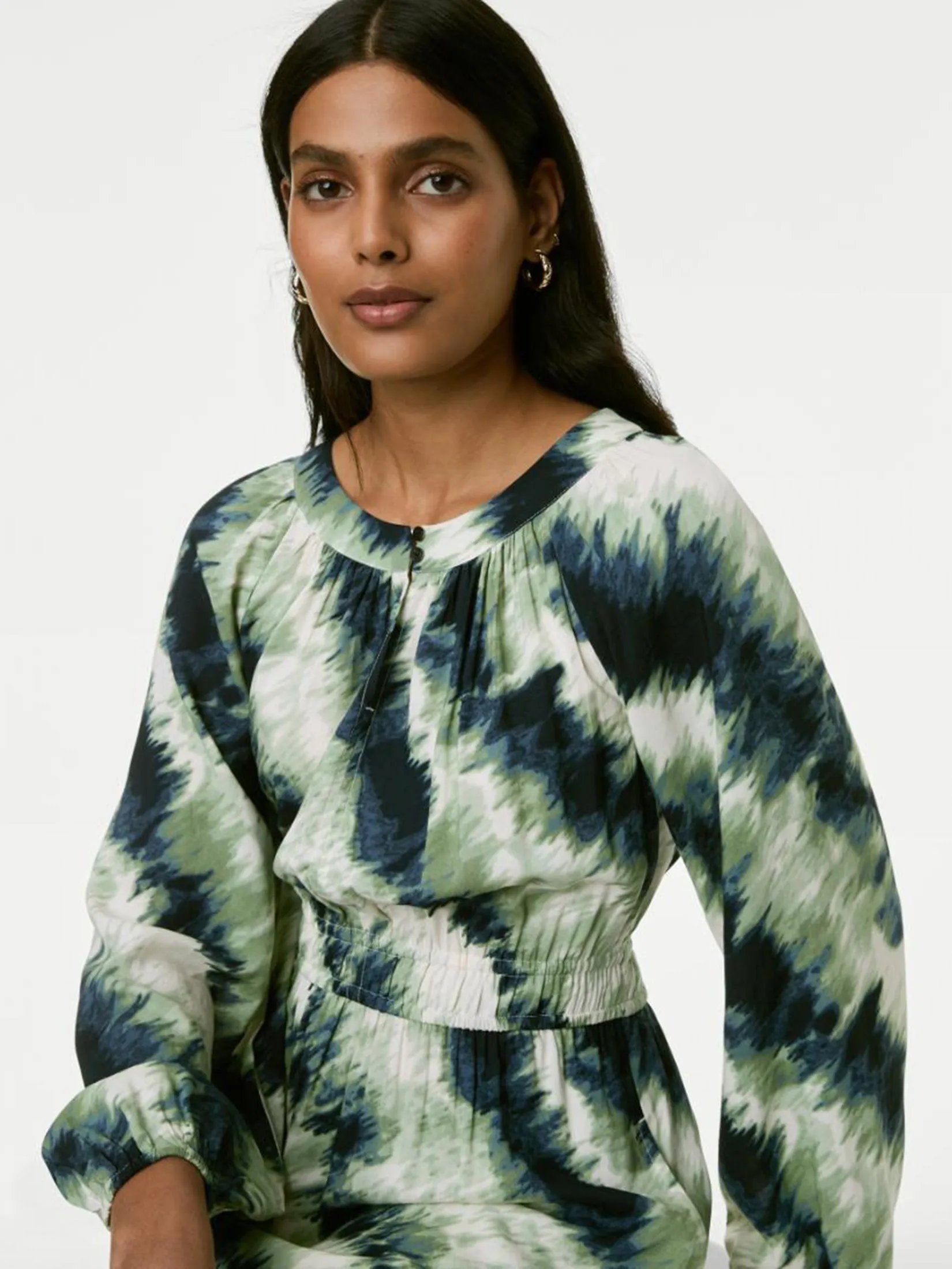 MARKS & SPENCER Women Midi Waisted Dress Printed Keyhole Pleated Green Mix