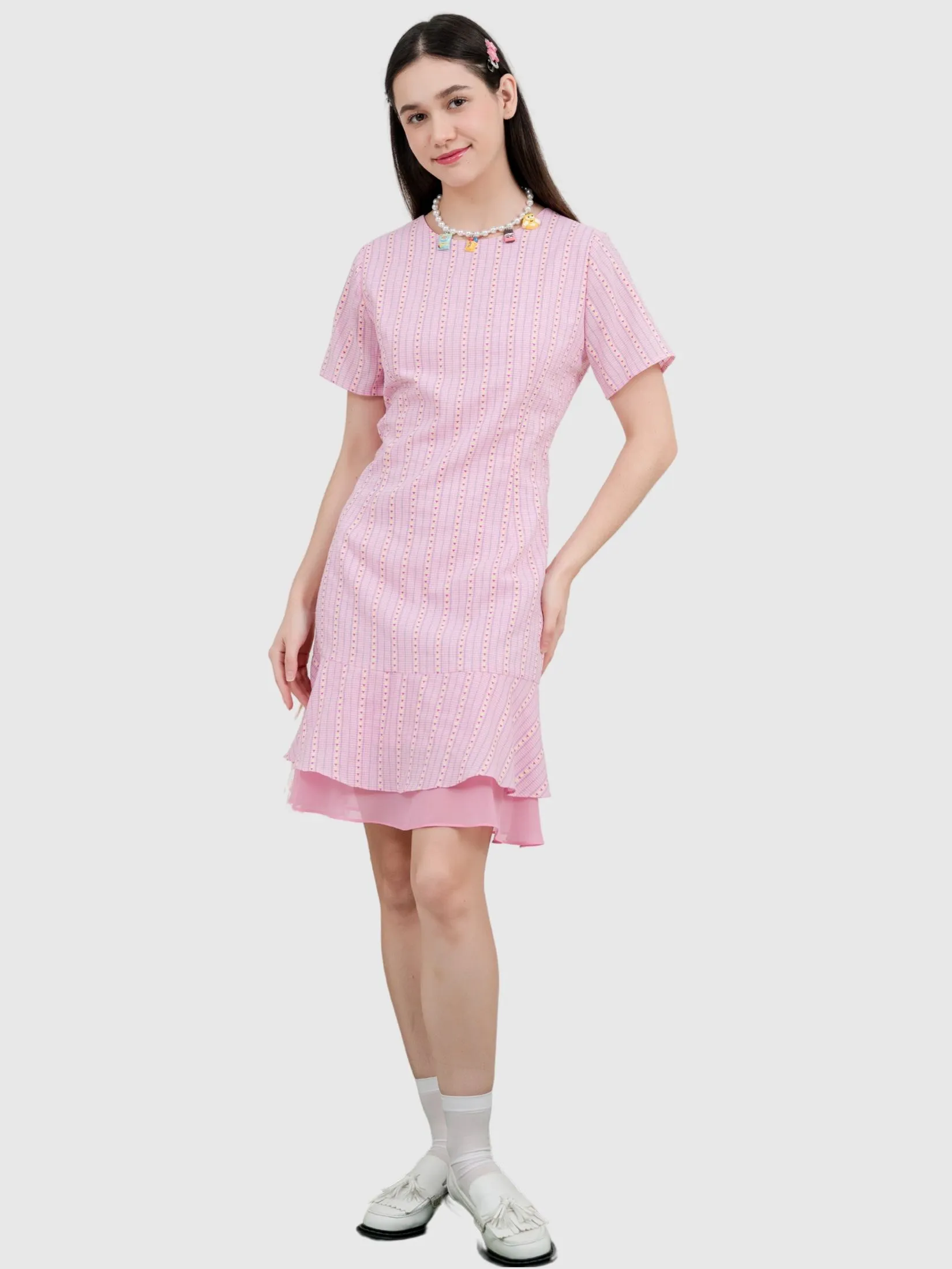 AMILA Women Dress Short Sleeves Cotton Dobby Pink