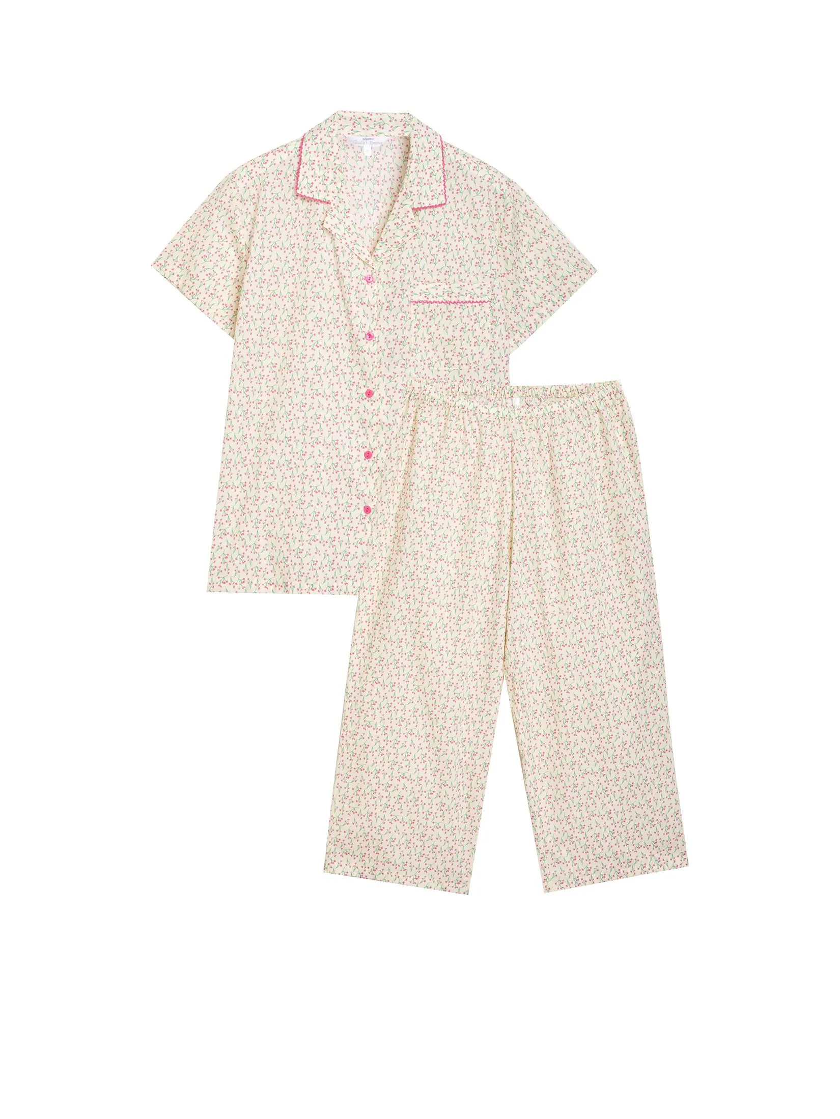 CLAUDIA'S ROMANCE Women Pyjamas Set Hawaiian Shirt Short Sleeves + Cropped Pants Yellow