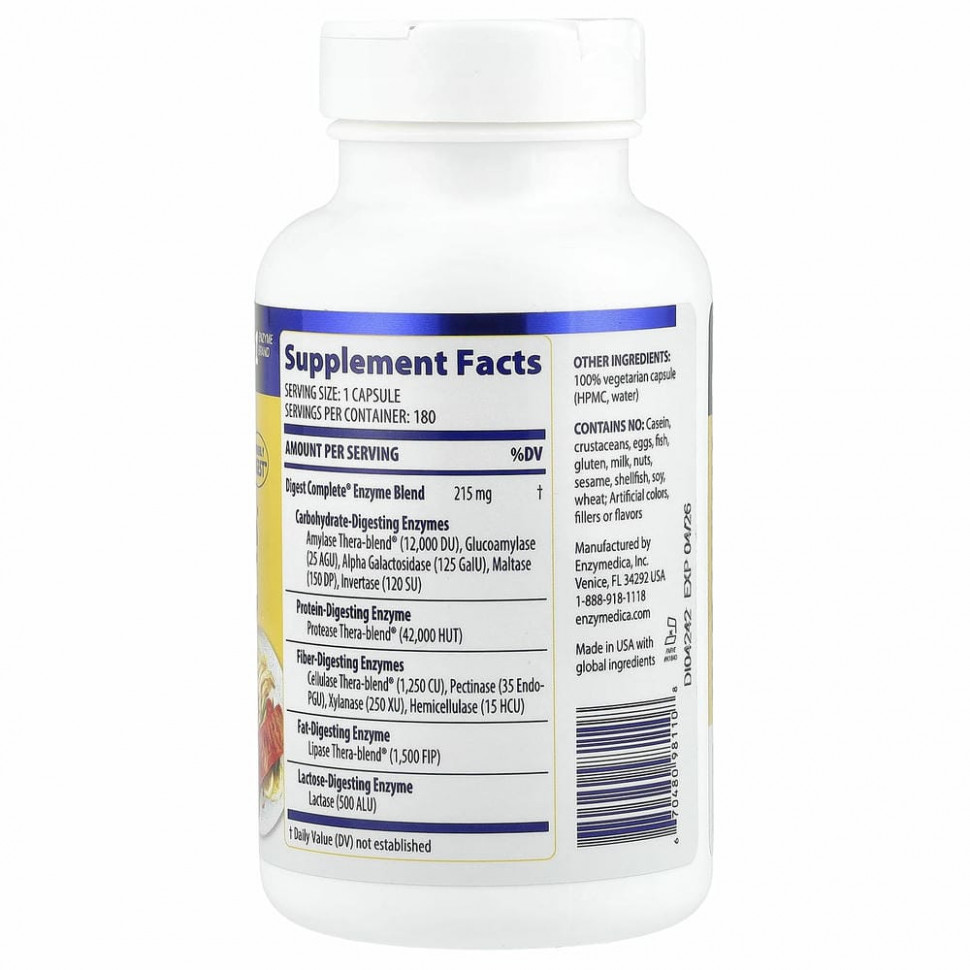 Enzymedica, Digest, полная формула ферментов, 180 капсул