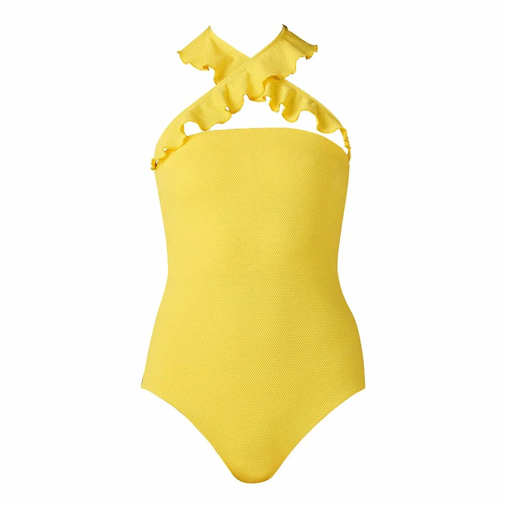 ANGELYS BALEK Yellow Ruffle Neck Women Swimsuit