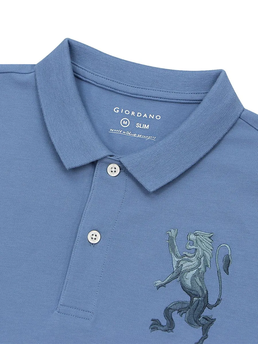 GIORDANO Men's Lycra Pique Embroidery Polo (3D Lion) Coronet blue