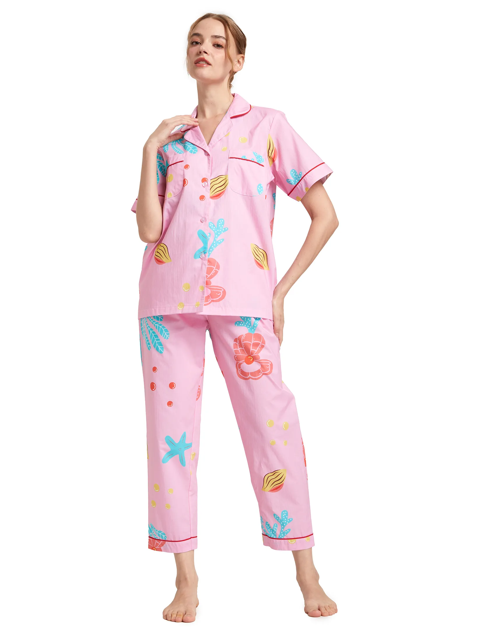 FOF Women Pyjamas Shirt Short Sleeves Crew Neck + Pants Sea Print Pink