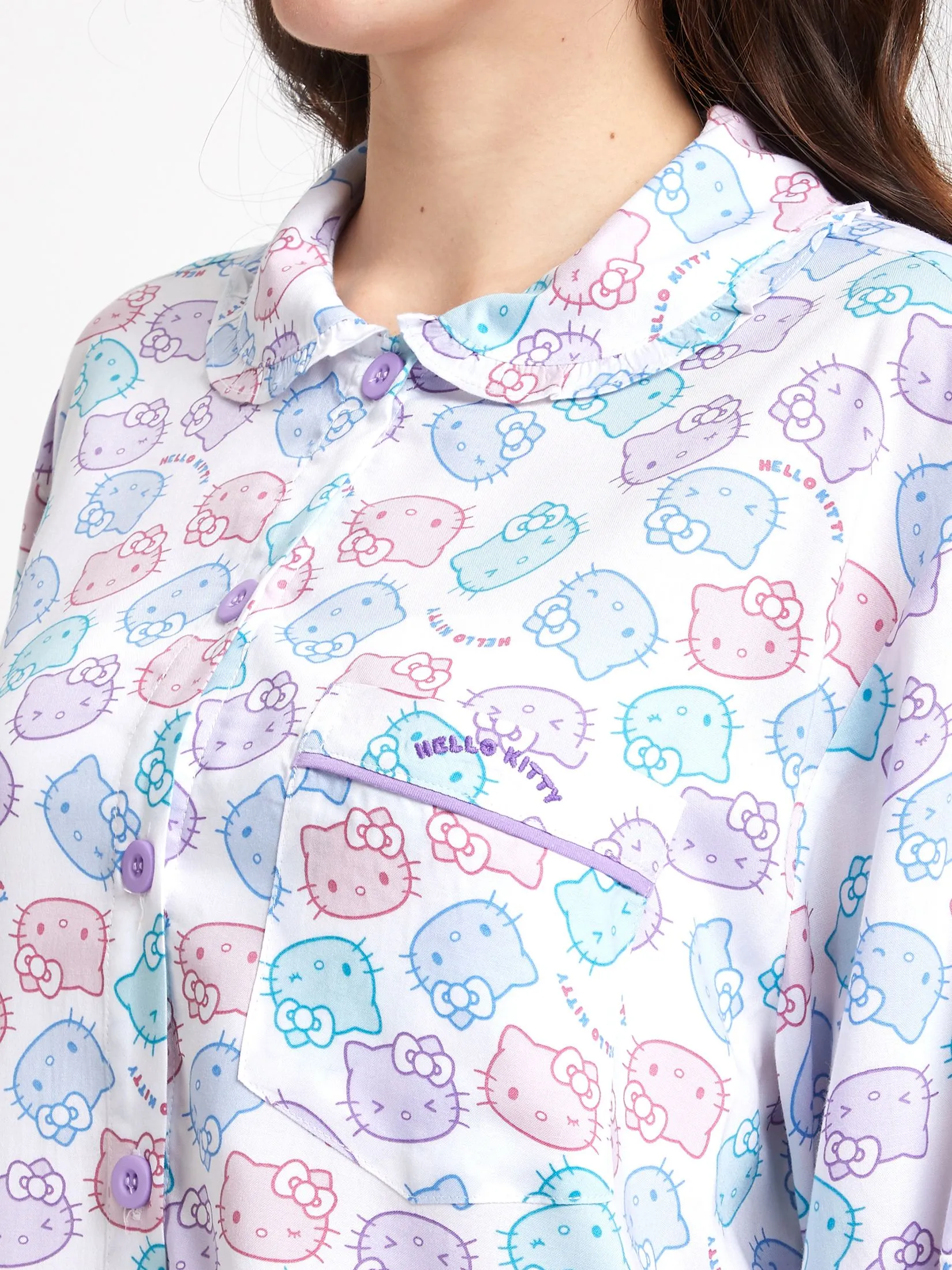 SANRIO Women Pyjamas Dress Collar Neck Long Sleeves Rainbow Face Hello Kitty Off White