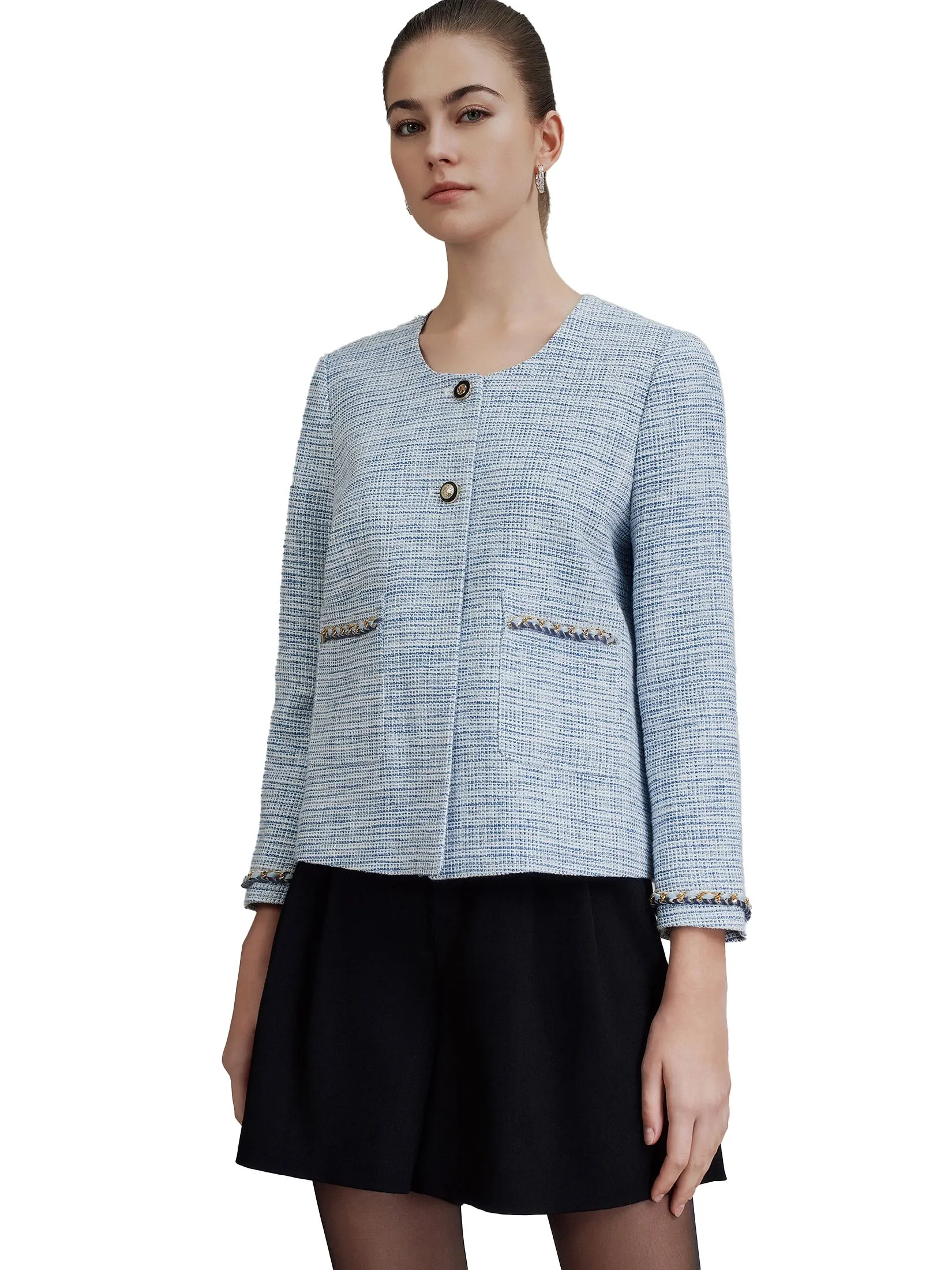G2000 Women Clothing Cotton Blend Metallic Tweed Jacket Regular Fit - Blue