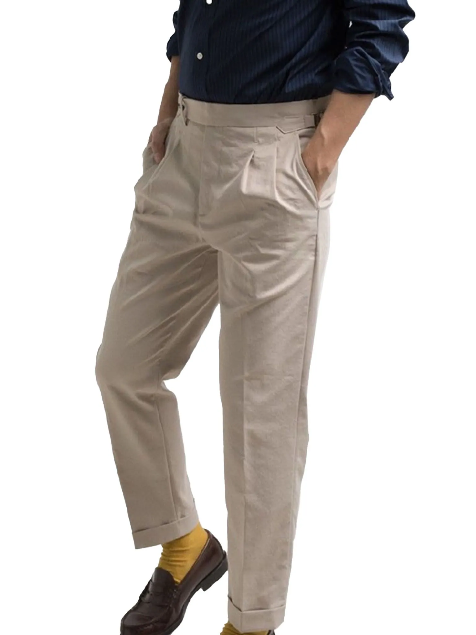 ERA-WON MEN'S PANTS DOUBLE BELTS TROUSERS GOLDEN HOOKS BEIGE