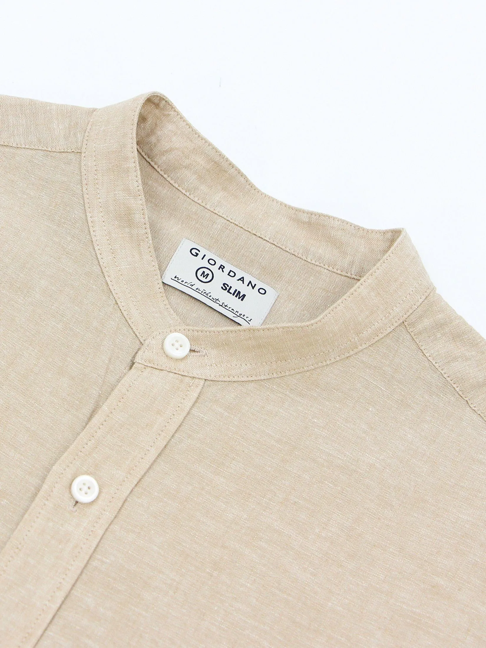 GIORDANO Men's Slim Mandarin Collar Linen Shirt Crockery khaki