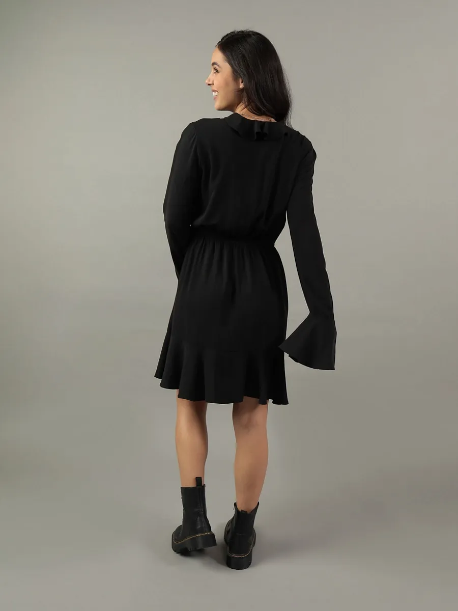 AMERICAN EAGLE WOMEN 7443 INTL RUFFLE WRAP MINI DRESS 001 BLACK
