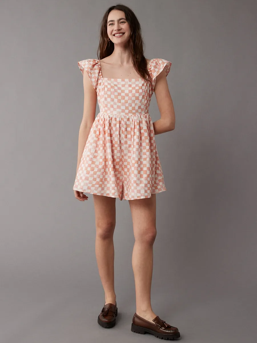 AMERICAN EAGLE WOMEN 7918 FLUTTER SLV BABYDOLL ROMPER 823 PEACH