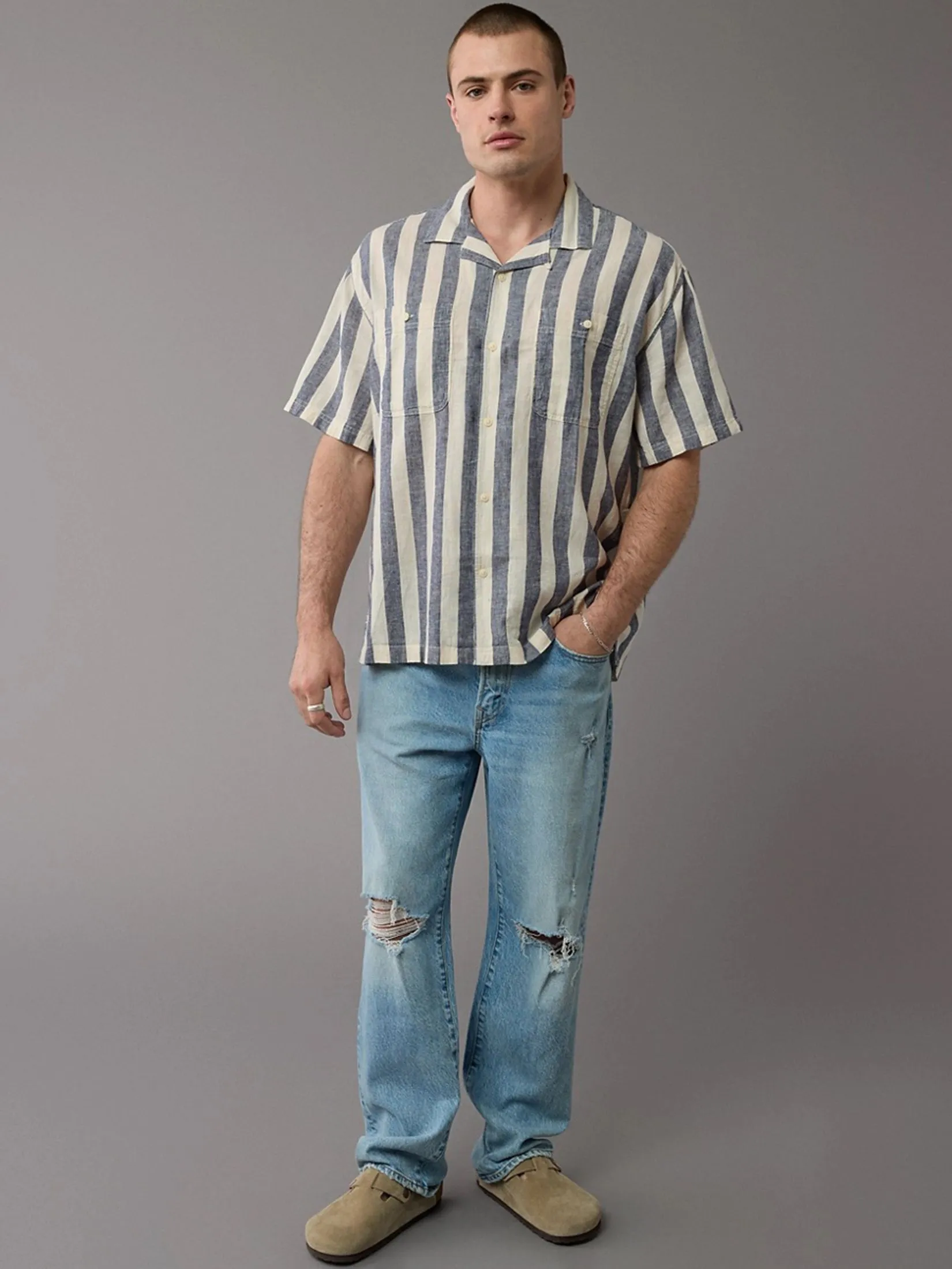 AMERICAN EAGLE MEN CALVIN STRIPE SS OVERSIZED CAMP COLLAR 2 PKT CURTIS LINEN SHIRT 010 GLACIER GRAY