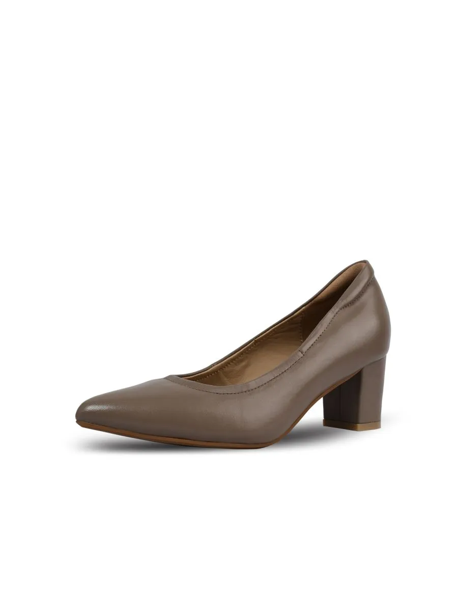 SIRENA Taupe Leather Court Shoes Pointed Toe Blocked Heel 2 inch Hera
