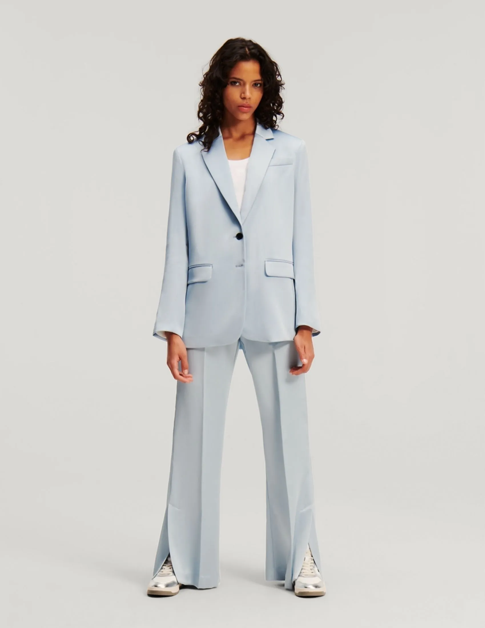KARL LAGERFELD RTW-1 FLUID SATIN TAILORED WOMEN PANTS CASHMERE BLUE