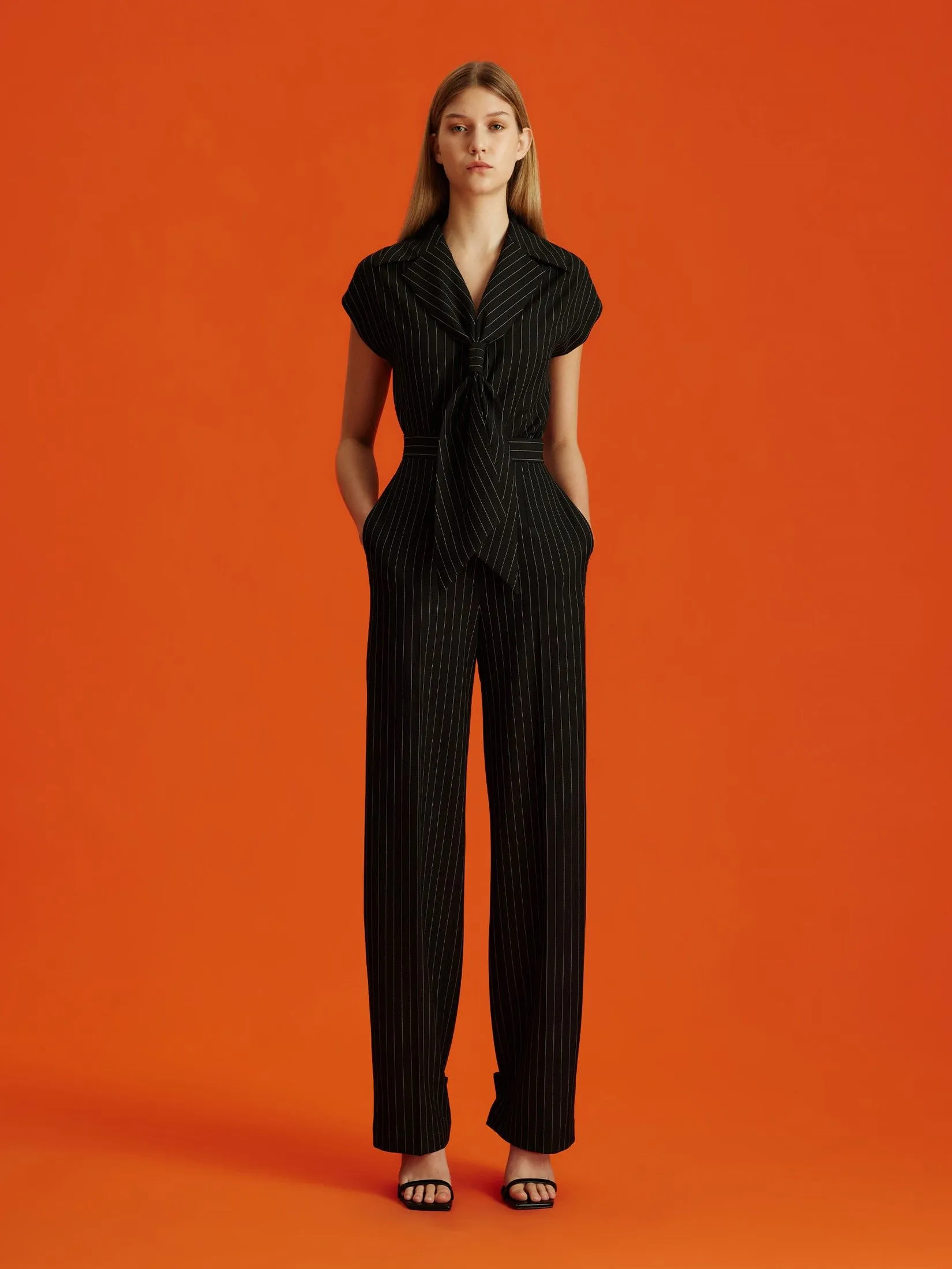 ASAVA (AW24) Pinstriped Button-cuff Women Pants Black