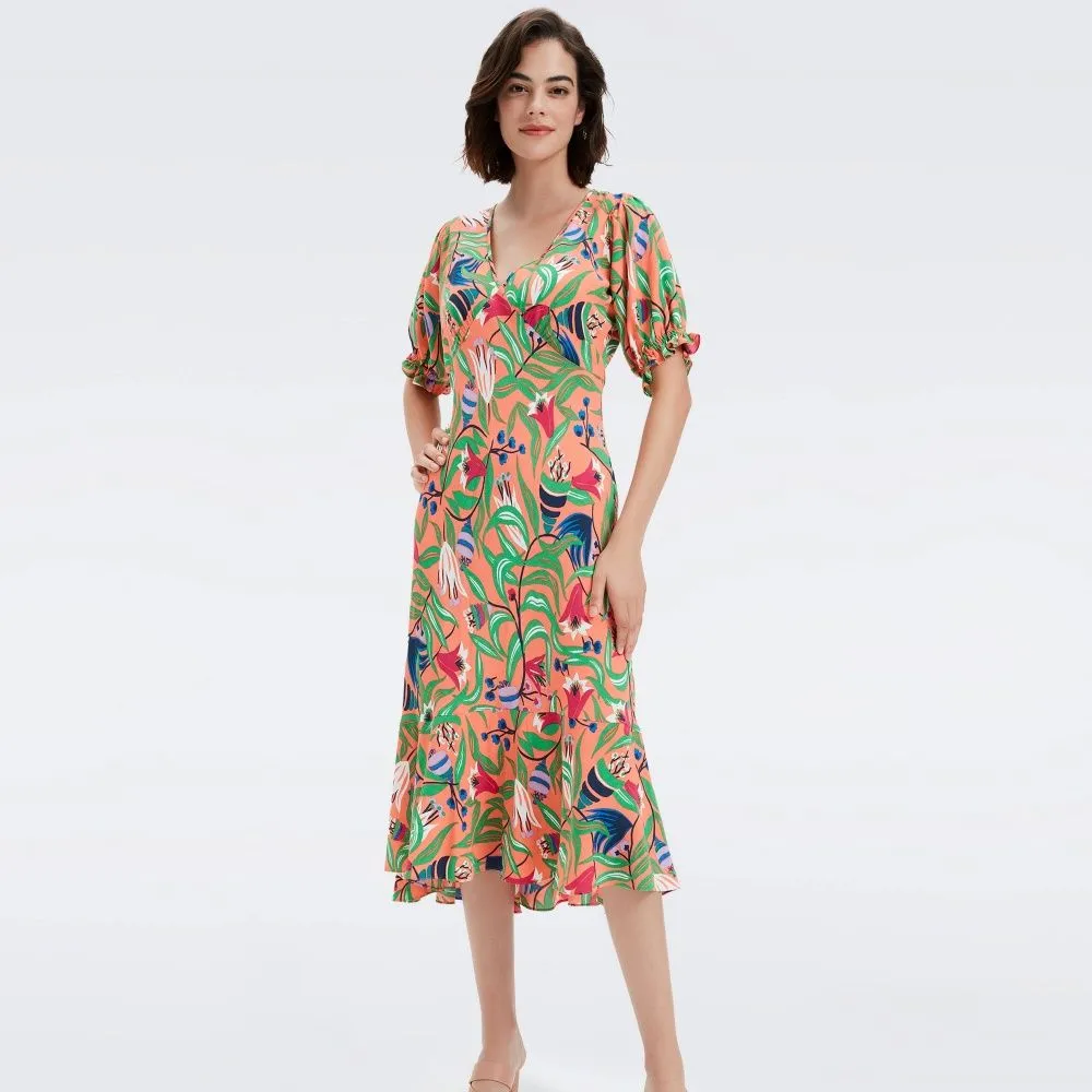 DIANE VON FURSTENBERG DVF ORLA DRESS  FANTASIA FLORAL CORAL REEF