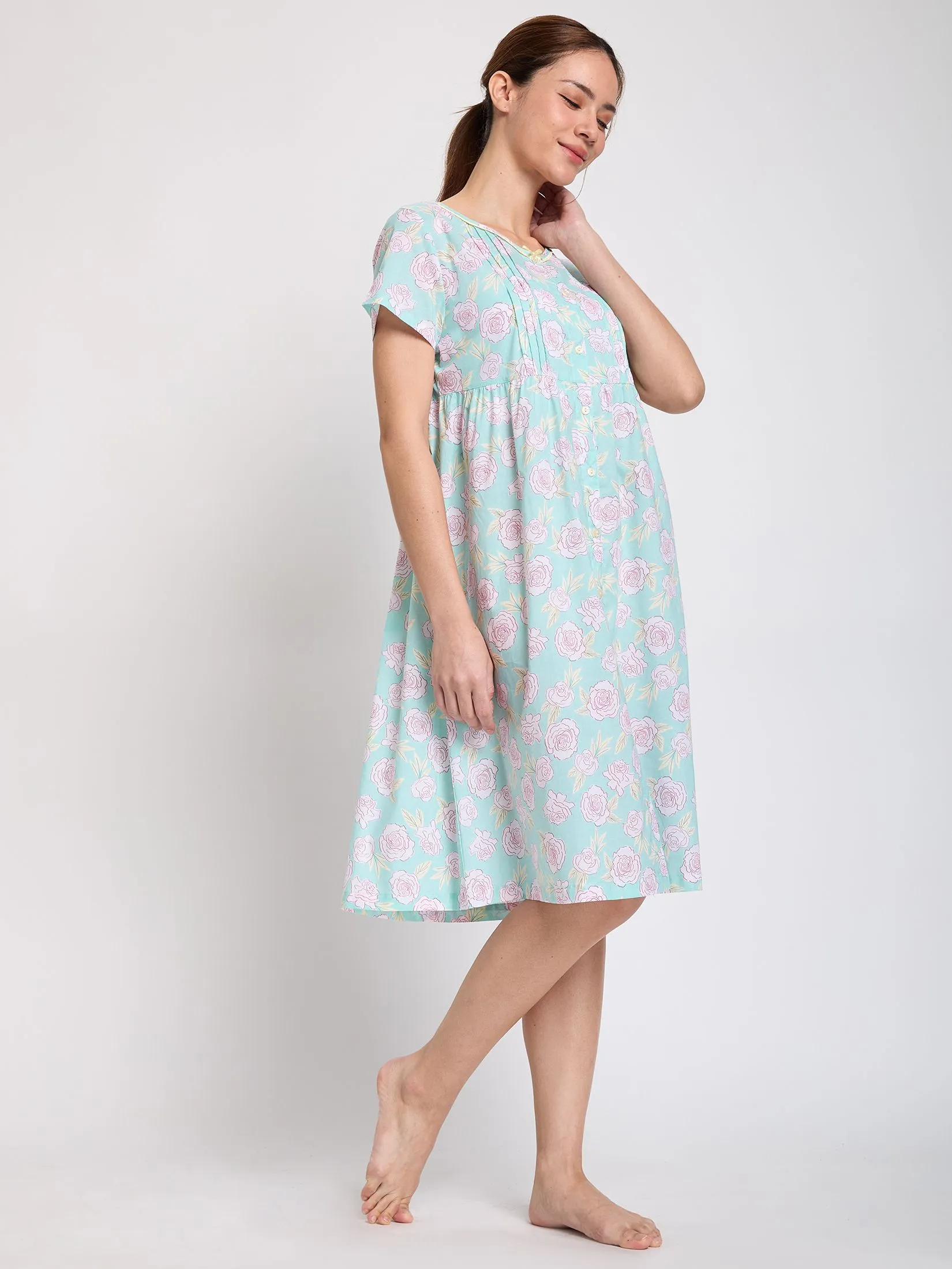 CLAUDIA'S ROMANCE Women Nightdress Short Sleeves Green