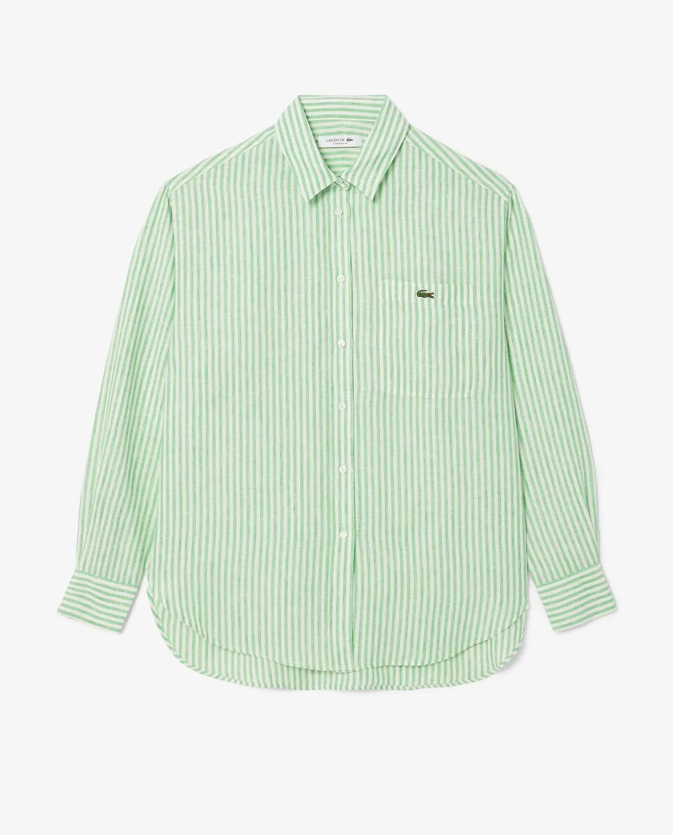 LACOSTE Oversized Striped Linen Shirt White