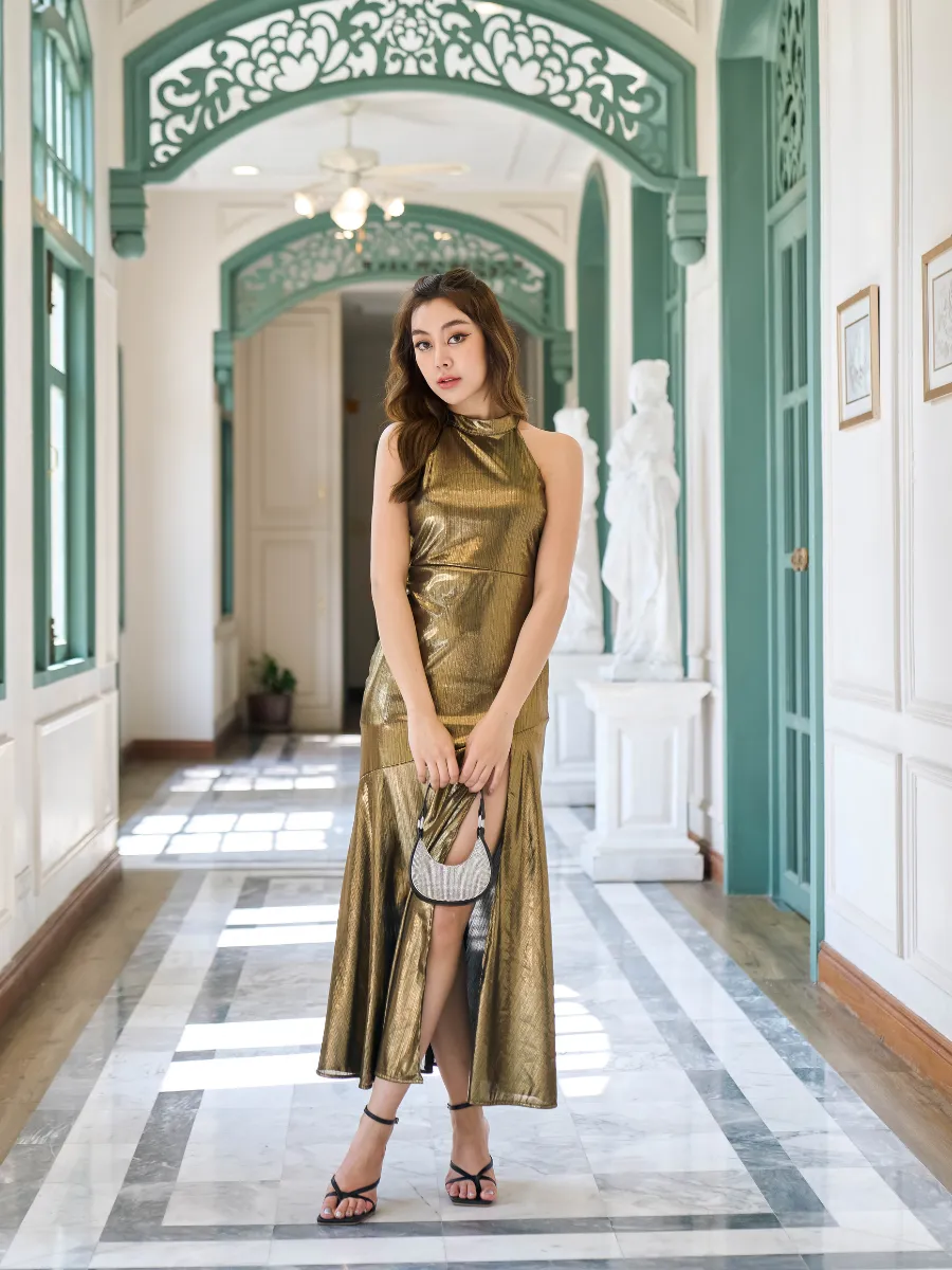 ROSE THE LABEL Gold-Bloom metallic dress