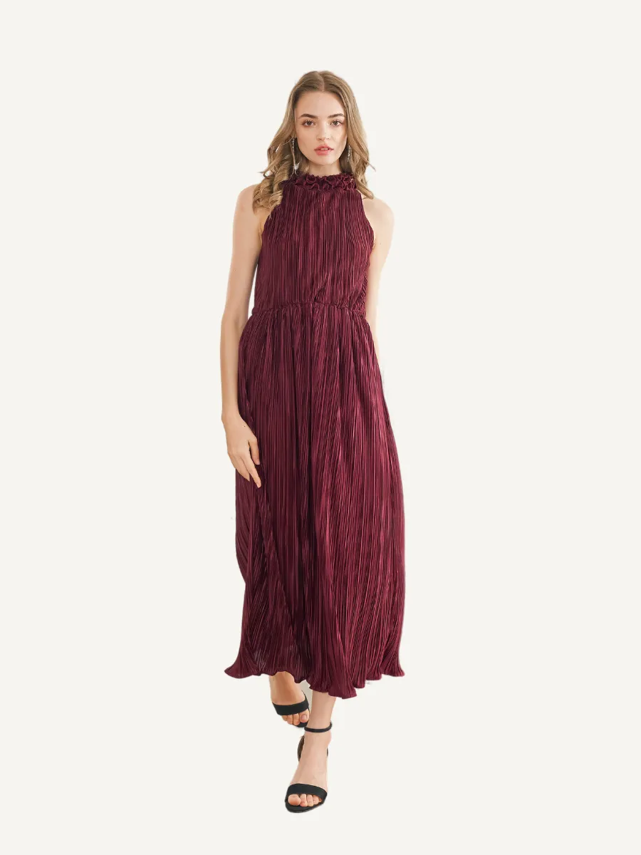 ROSE THE LABEL Stella pleated dress- burgundy